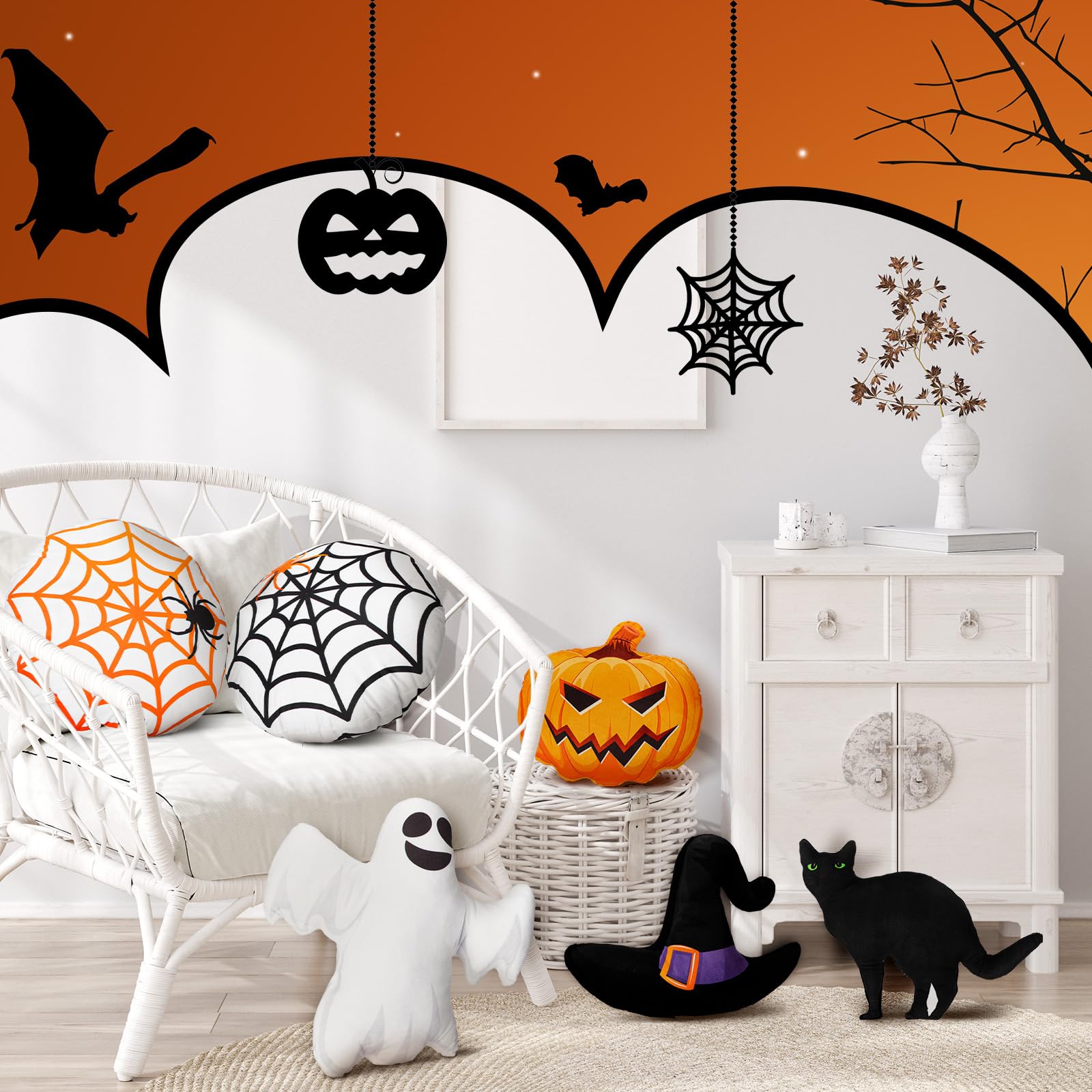 Qunclay 6 Pcs Halloween Pillows Pumpkin Throw Pillow Black Cat Witch Hat Ghost Spider Web Shaped Plush Pillow Halloween Throw Pillows Halloween Decor for Sofa Bed Children Party Gift Stuffed Plush