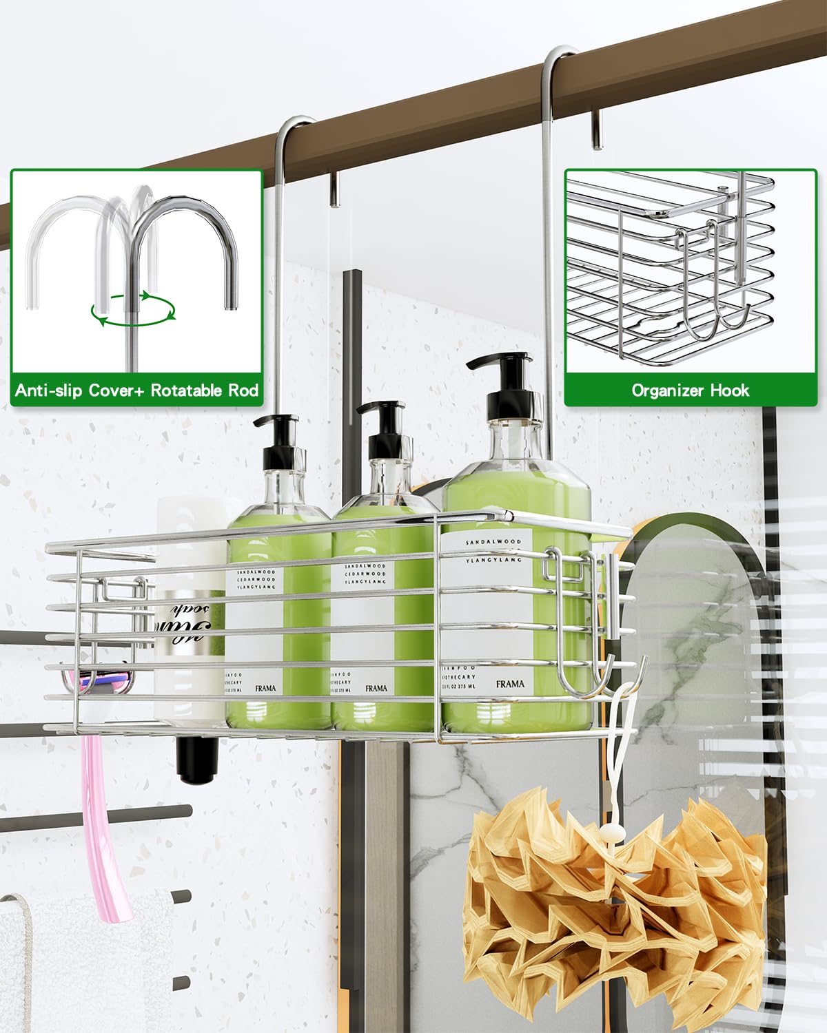 QIHS Shower Caddy Hanging Hanging Bathroom Door Organizer Shampoo Holder Shower Armpit Swivel Arm With 2 Storage Hooks, 304 Stainless Steel Rust Resistant