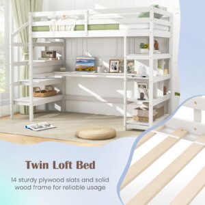 Giantex Twin Loft Bed with Desk and Stairs, Solid Wood High Loft Bed with 4-Tier Storage Shelves, Loft Bed Twin Size for Adults, Teens, Kids, Boys & Girls, No Box Spring Needed, White