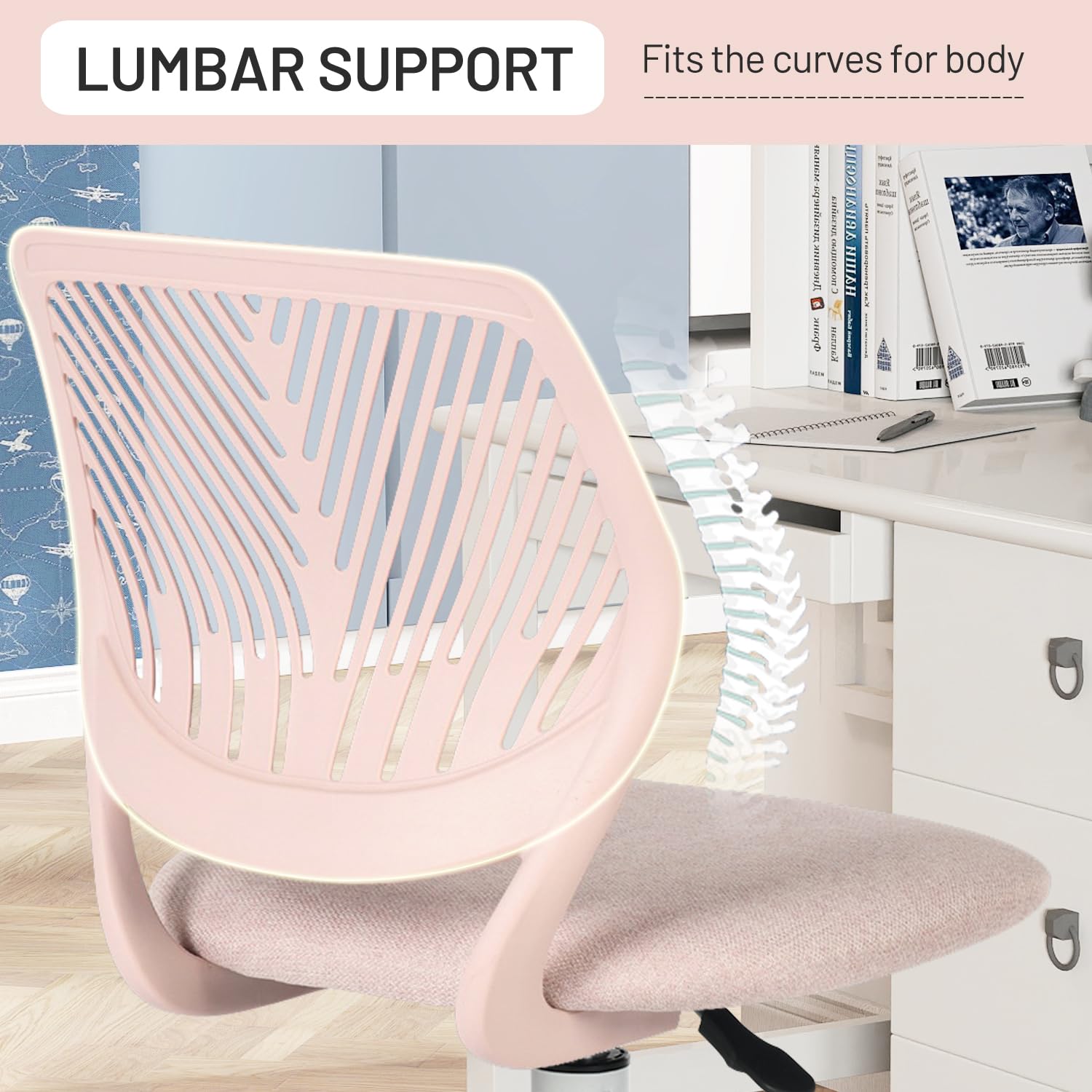 Desk Chair Small Armless, Comfy Home Office Chair with Fabric Seating Cushion and Plastic Low-Back, Adjustable Swivel Study Computer Task Chair for Student Children Kids with Rolling Wheels, Pink