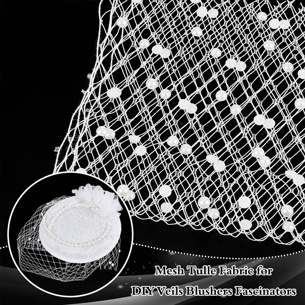 BENECREAT 0.56 Yard White Birdcage Veil Netting Fabric, 10.2 Inch Wide Millinery Netting Tulle Fabric Mesh Hat Veil with Pearl Bead for Wedding Decor, DIY Bridal Veil Dress