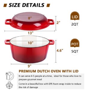 5QT Enameled Dutch Oven, Joyfair 2-in-1 Red Cast Iron Dutch Oven Pot with 2 QT Skillet Lid, Heavy Duty Oven Safe Cookware for Sourdough Bread Baking Braising Stewing Roasting Cooking, Easy Clean