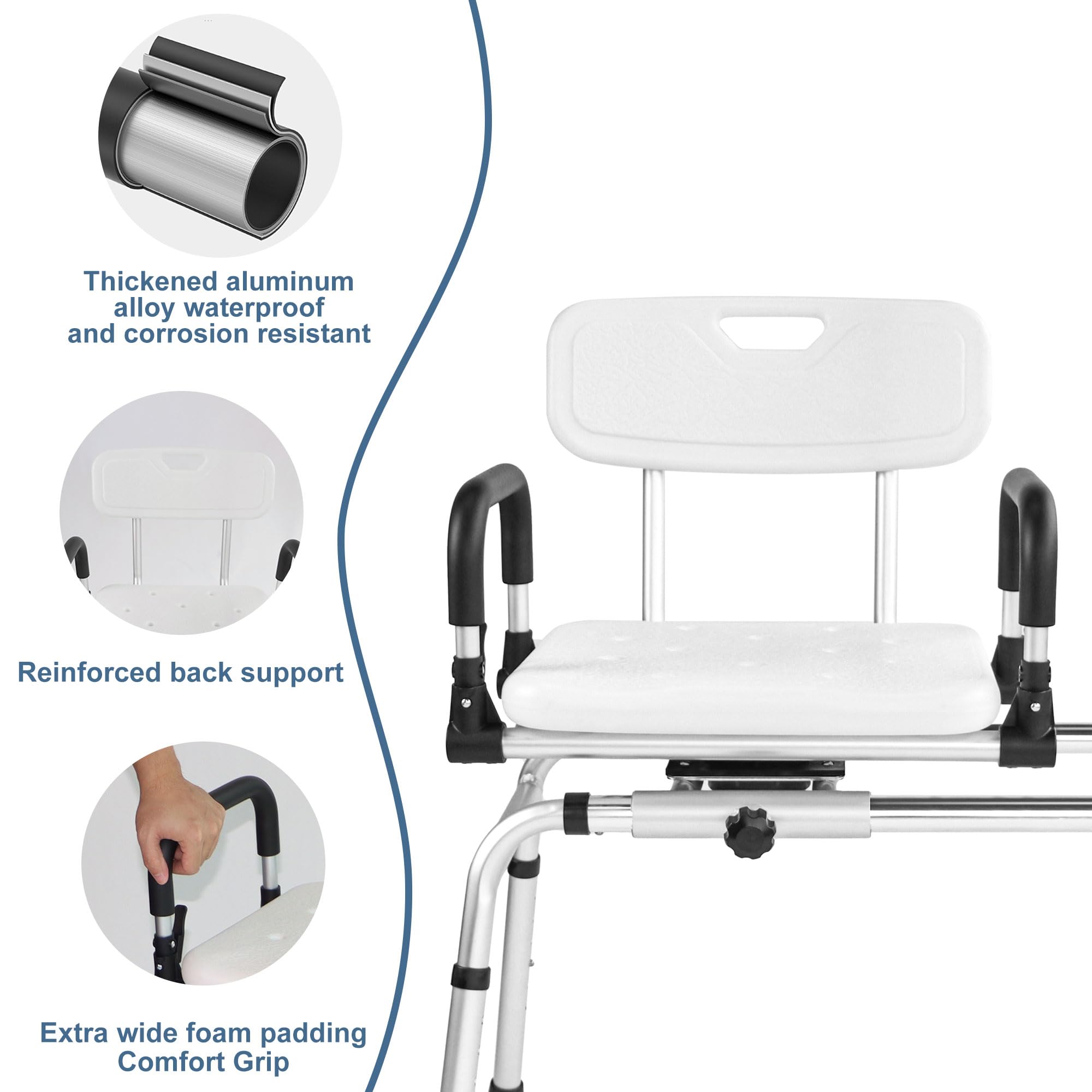 EOSPRIM Sliding Shower Chair Tub Transfer Bench with 360° Swivel Seat, Height Adjustable, Pivoting Arms, 400 Lbs Capacity, for Elderly Disabled and Handicap, Ideal for Bathtubs and Showers (White, L)