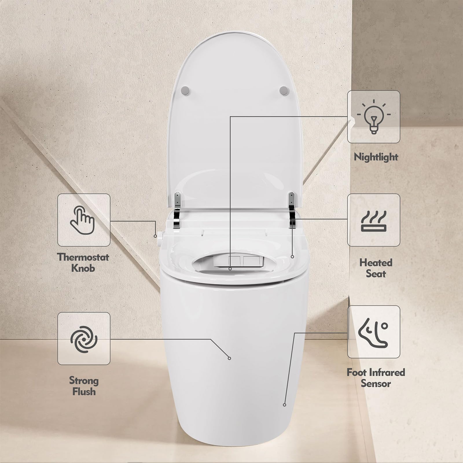 Heated Seat Smart Toilet, One Piece Tankless Automatic Flush Toilet with Foot Sensor, White Night Light, Knob Control, Power Outage Flush, Soft Close Lid, White