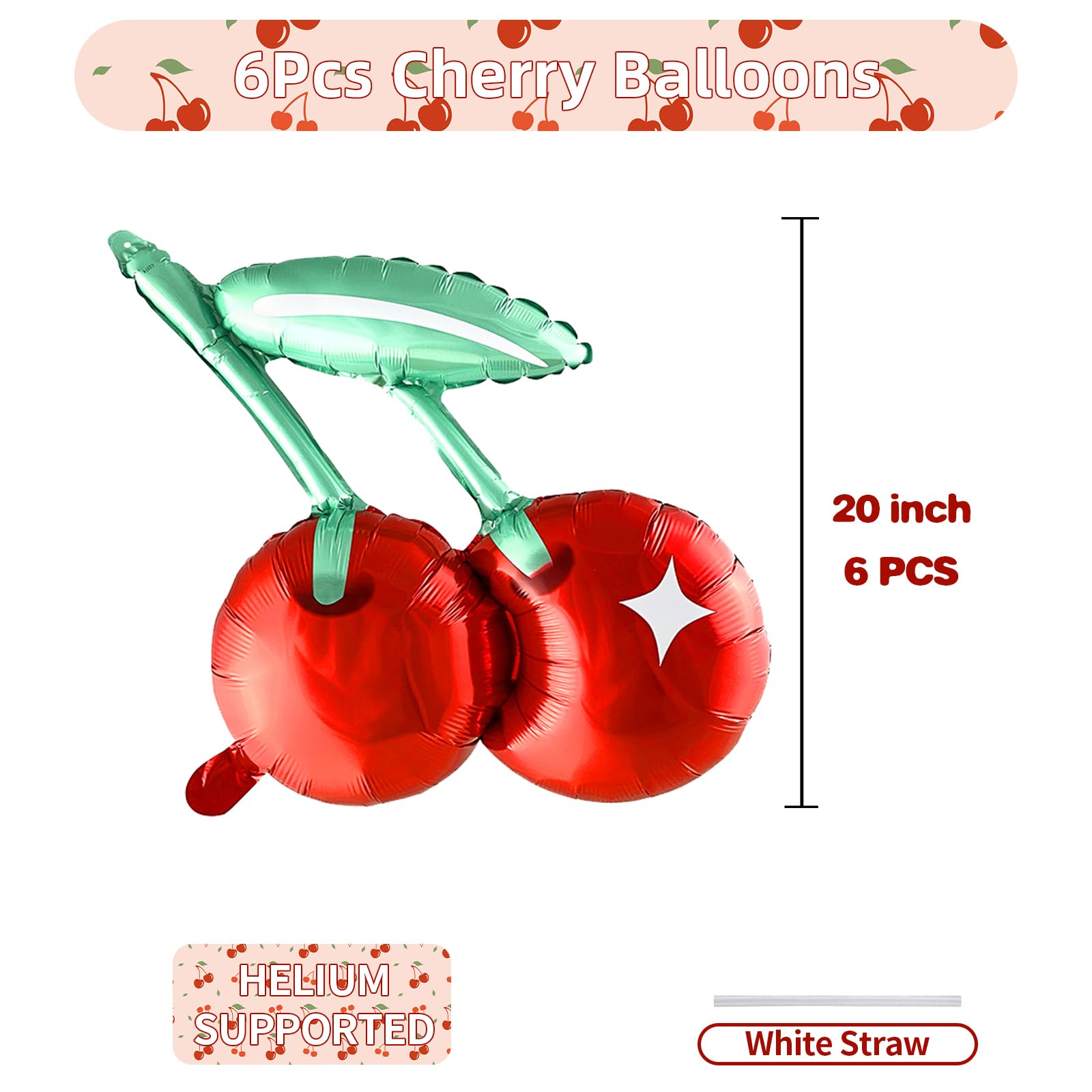 6Pcs Cherry Balloons,20 Inch Cherry Fruit Balloons For Fruit Cherry Theme Birthday Wedding Baby Shower Party Decoration