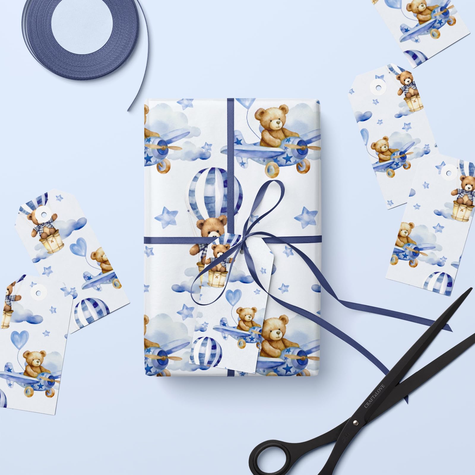 LeZakaa Gift Wrapping Paper Roll - Mini Roll - Blue Teddy Bear Hot Air Balloon Design for Baby Boy Birthday, Baby Shower - 17 inches x 32.8 Feet (46.45 sq.ft.)