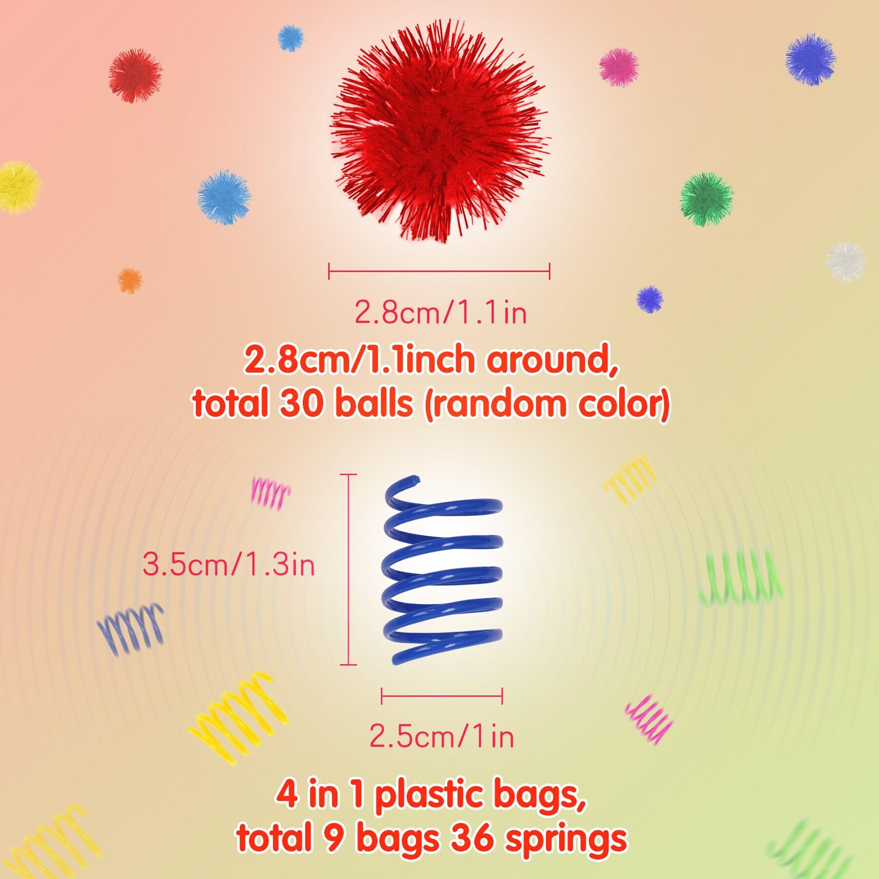 SEVENKA Cat Toys 30 Pcs Color Flash Balls and 36 Spring Toys, 1.1in Small Soft Cat Toy Ball Tinsel Pom Poms, Kitten Toys, Plastic Spiral Springs for Cat Swatting, Biting, Hunting, Active Healthy Play