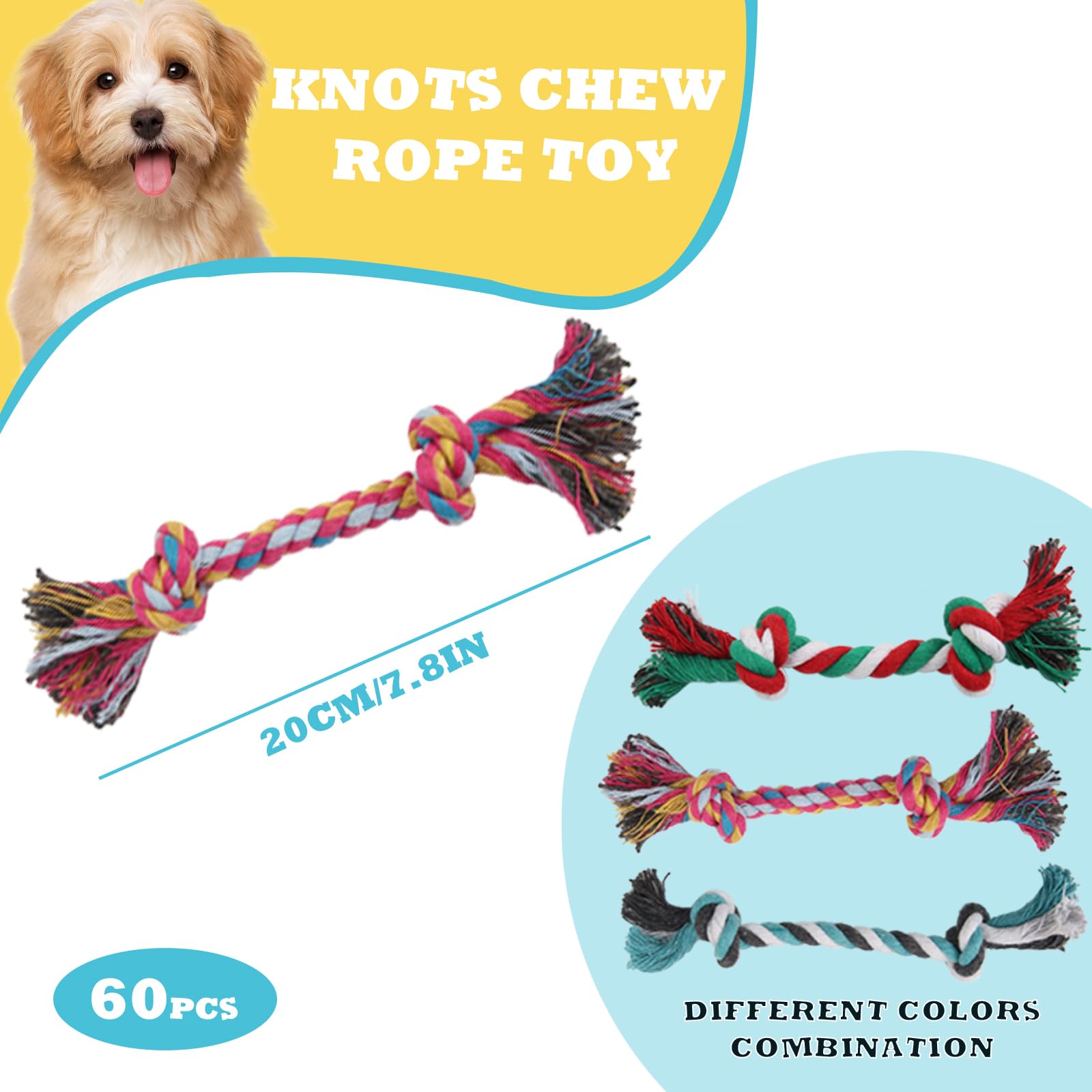 eggigi 60 Pcs Multi Color Knot Rope Dog Chew Toys Puppy Rope Toy Dog Tug of War Toy Chew Toys for Small and Medium Dogs Puppies