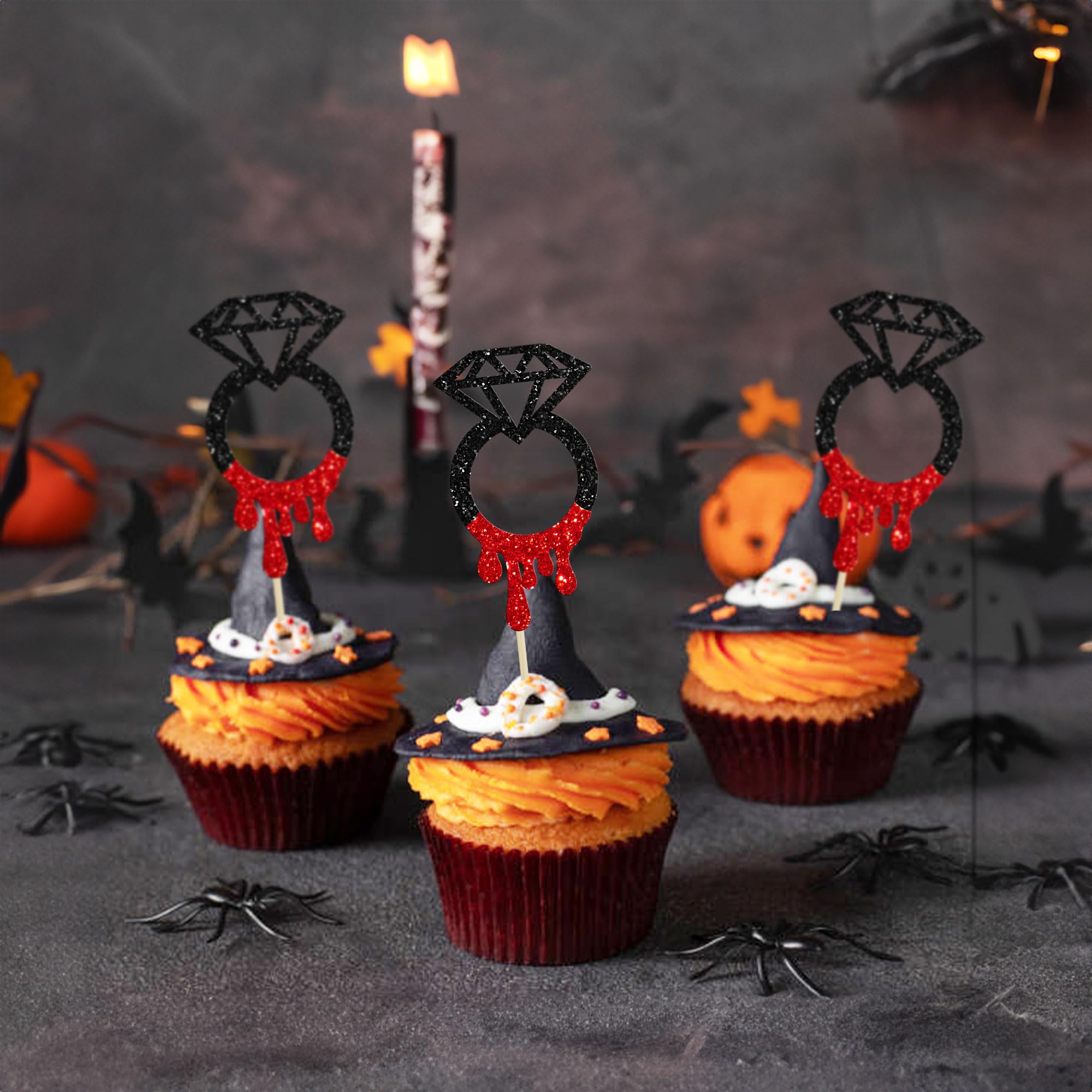 Gyufise 24Pcs Scary Halloween Cupcake Toppers Horror Blood Diamond Ring Cupcake Decorations Gothic Bachelorette Supplies for Halloween Blood Bachelorette Party Spooky Bridal Shower Wedding