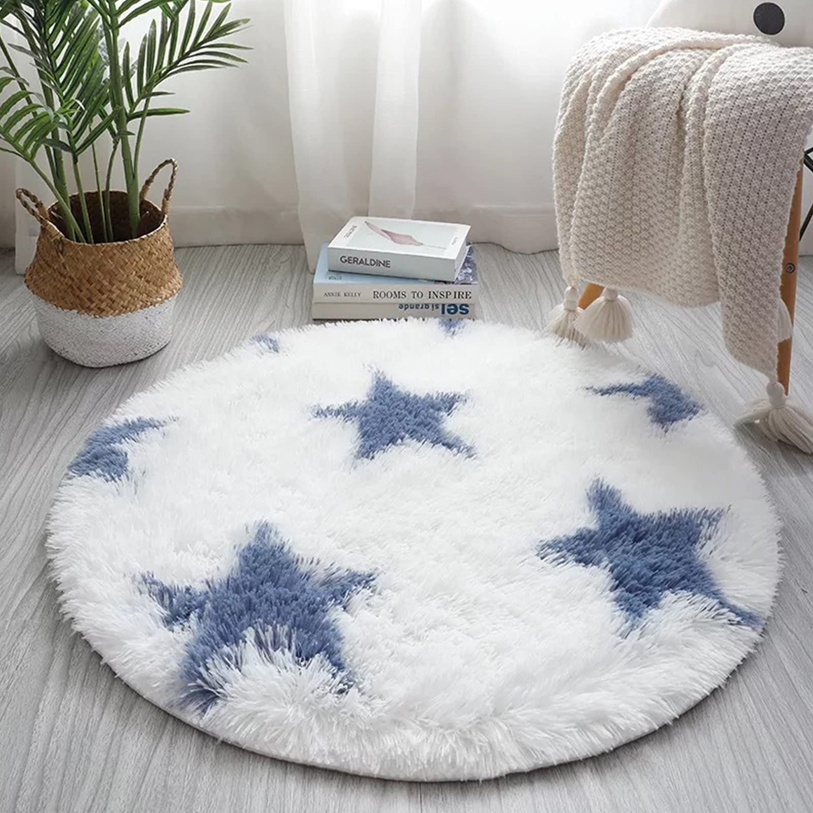 Moroccan Round Area Rugs 2.7ft Round Rug with Blue Stars Non Slip Modern Fluffy Shaggy Floor Rugs for Bedroom, Kids Room, Home Decor Furry Farmhouse Carpet, Soft Moroccan Fuzzy Rug for Kitchen