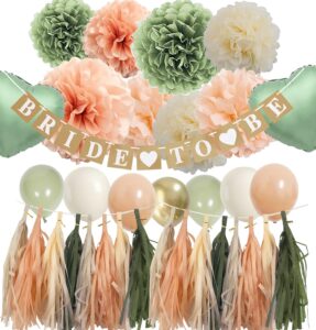 bridal shower decorations sage green - peach olive green boho bachelorette party decorations with balloons tissue paper flower pompoms and tassel garland (sage green + peach)