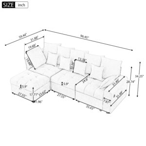 P PURLOVE Modern Sectional Sofa with Convertible Ottoman, Chenille 4-Seat L-Shape Couch with Pillows for Living Room, Apartment, Office, 3 USB Ports (Grey)