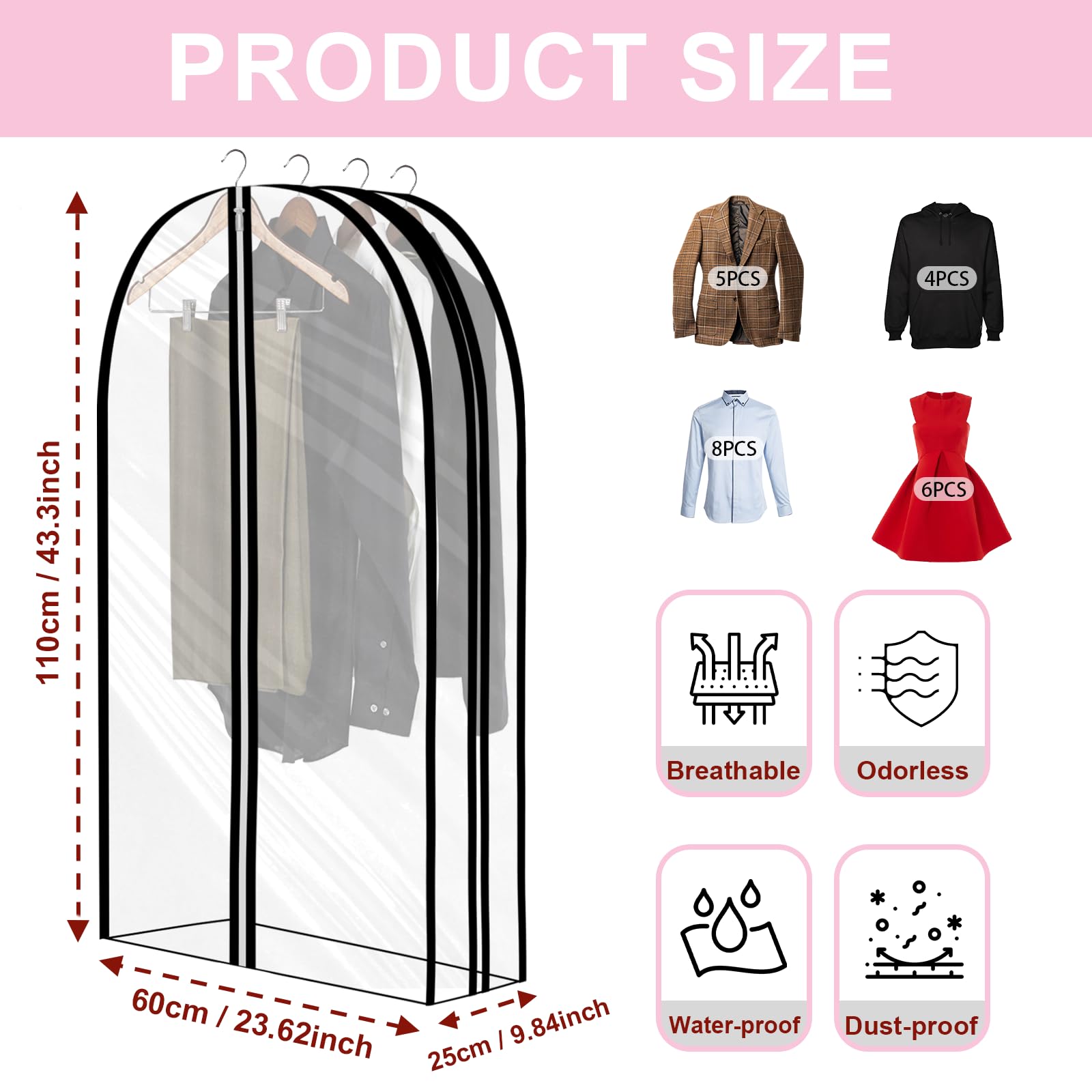 Garment Bags for Closet Storage 10" Gusseted Clear Suit Cover Bags 43" Hanging Clothes Bags Moth Proof Clothing Cover for Coats Jackets Dresses Shirts