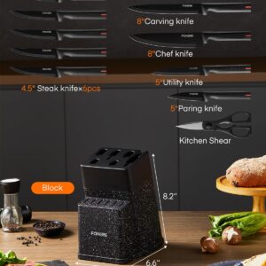 FOHERE Knife Set with Block 13 Pieces Stainless Steel Knife Sets for Kitchen with Built-in Sharpener Sharp Kitchen Knife Block Set with Granite Pattern, Anti-slip Handle Rust Resistant, Black