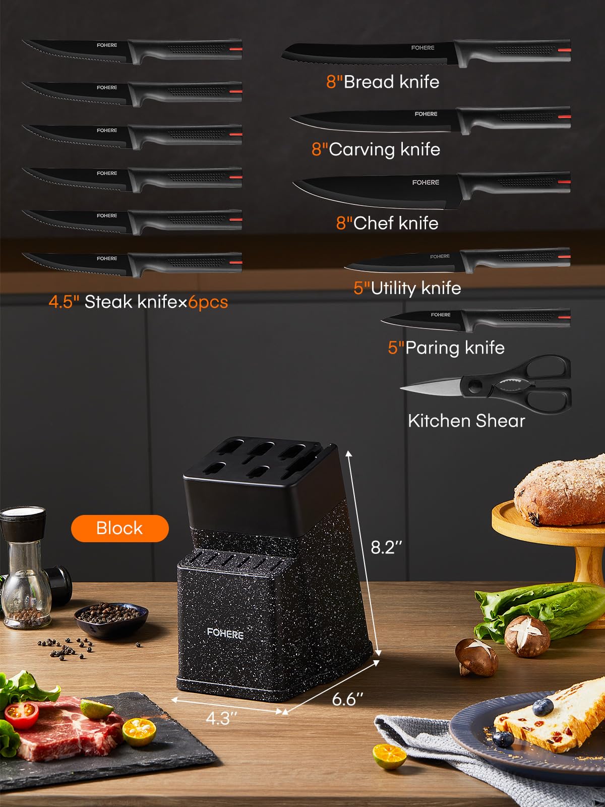 FOHERE Knife Set with Block 13 Pieces Stainless Steel Knife Sets for Kitchen with Built-in Sharpener Sharp Kitchen Knife Block Set with Granite Pattern, Anti-slip Handle Rust Resistant, Black