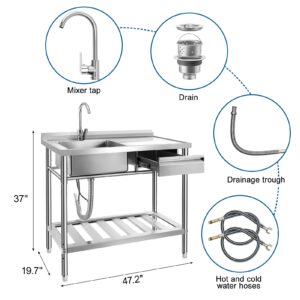 YORKING Stainless Steel Utility Sink, Free Standing Single Bowl Kitchen Sink with Cold and Hot Water Pipe for for Laundry Room Farmhouse Indoor and Outdoor Sink (47 inch)