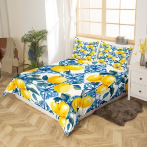 Feelyou Lemon Kids Duvet Cover Queen Size, Yellow Lemon Bedding Set Fruit Comforter Cover Blue Boho Bedspread Cover Kids Room Decor Breathable Quilt Cover (No Comforter)