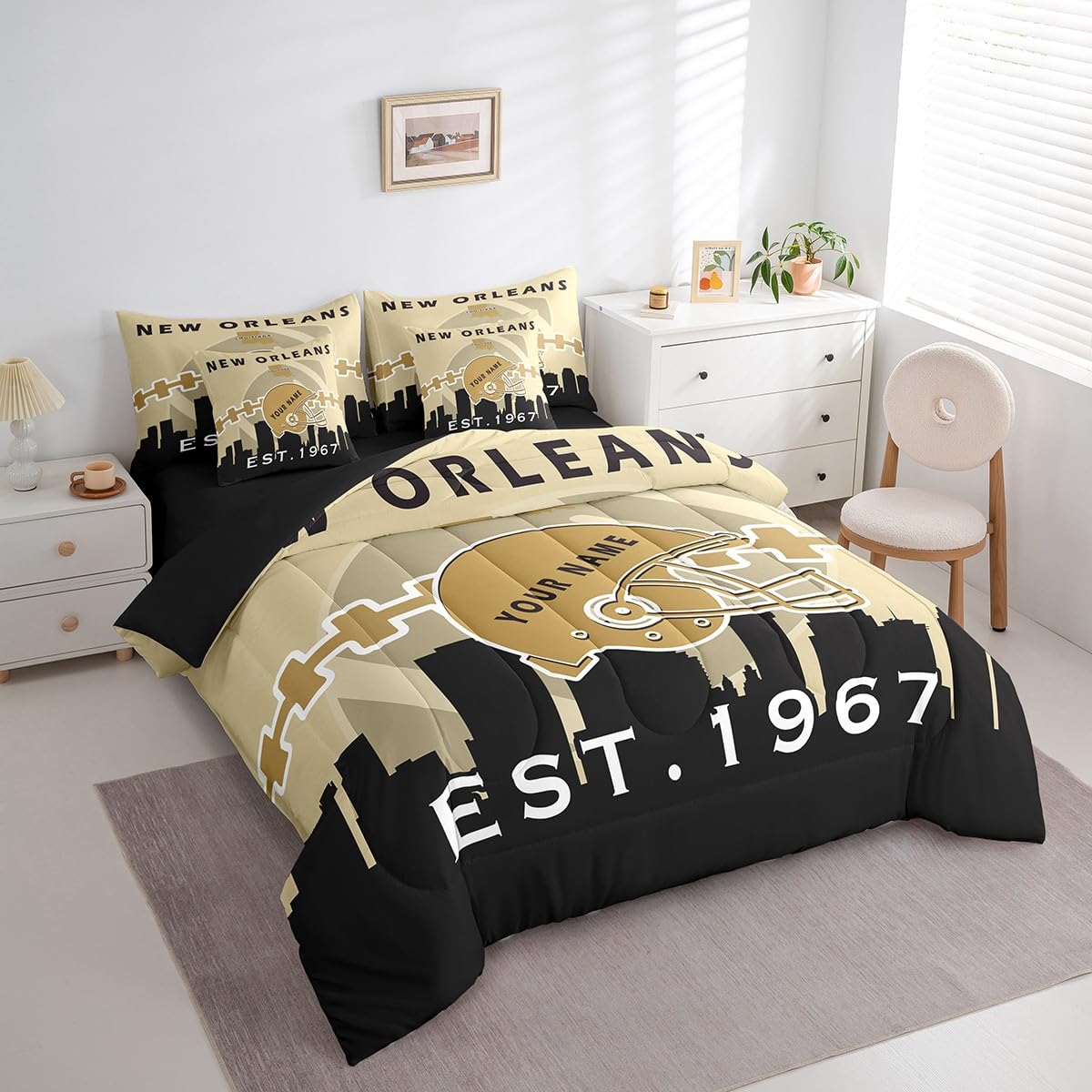 Erosebridal 7 Pcs Comforter Set King Size,Personalized Rugby Bed in a Bag with Flat Sheet and Fitted Sheet for Kids and Adults,Football Player Bedding Set with Pillowcase and Sham(New Orleans)