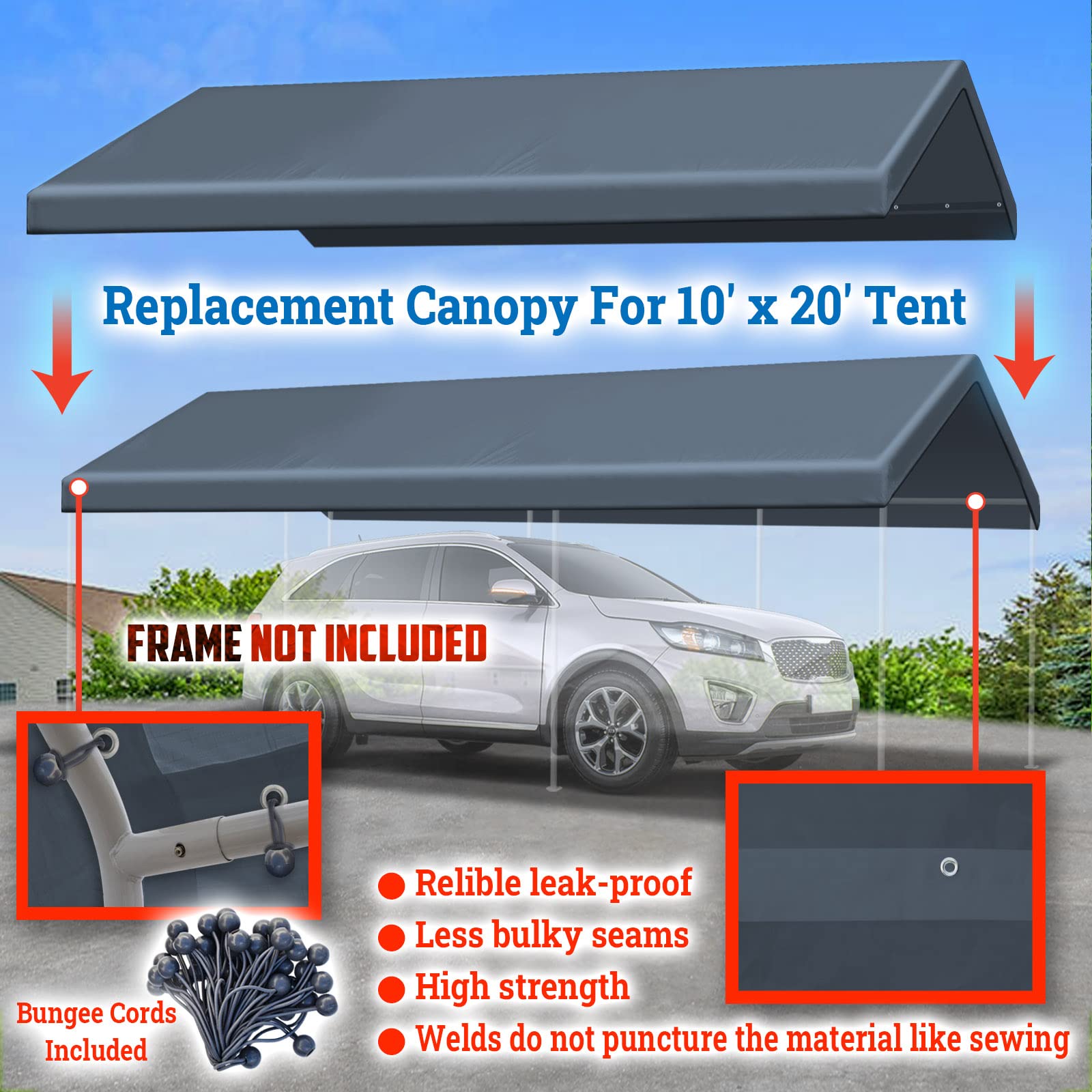 YardGrow 10x20 FT Carport Replacement Canopy Cover Garage Shelter Outdoor Carport Canopy Top Tent Shelter Tarp, Canopy ONLY (Grey)