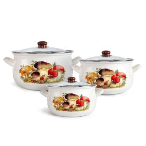 mushrooms enamel belly deep stock pot set with tempered glass lids set of 3