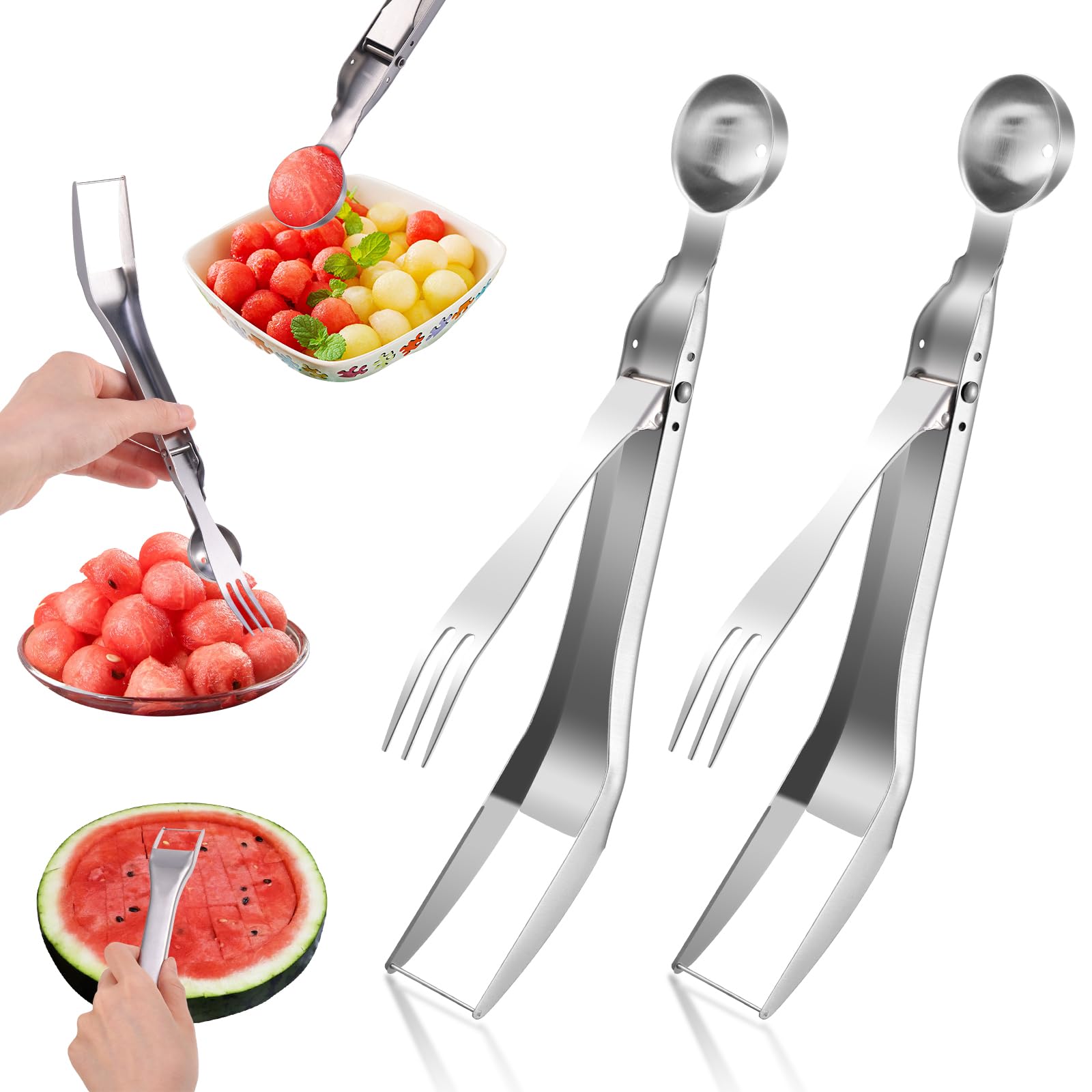 Tyqour 2pcs Stainless Steel Watermelon Fork Slicer 3-in-1double Head Portable Fruit Cutter Watermelon Cutter Tool, Fruit Fork Cut Watermelon for Family Parties Camping Kitchen Gadget