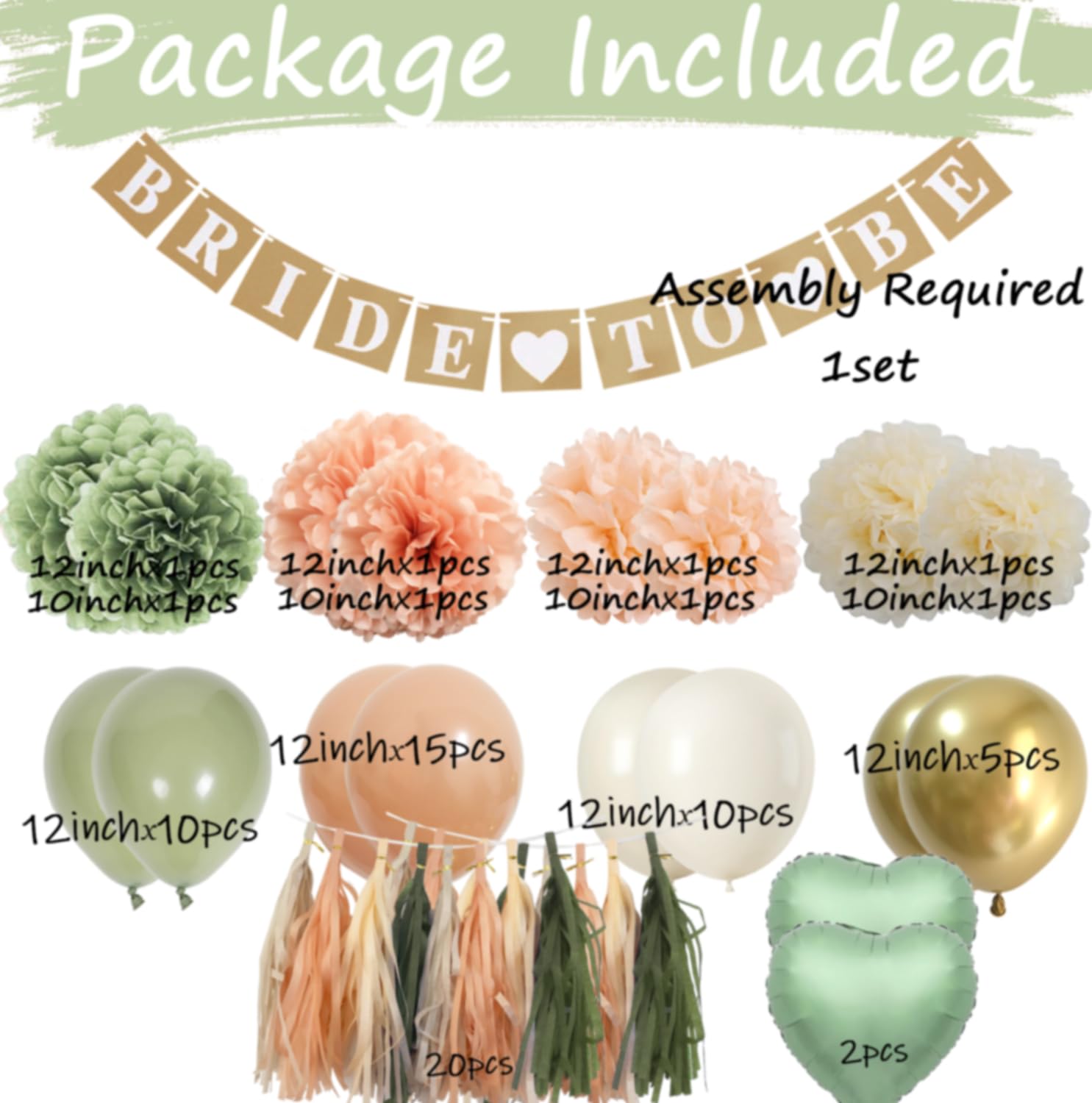 Bridal Shower Decorations Sage Green - Peach Olive Green Boho Bachelorette Party Decorations with Balloons Tissue Paper Flower Pompoms and Tassel Garland (Sage green + Peach)