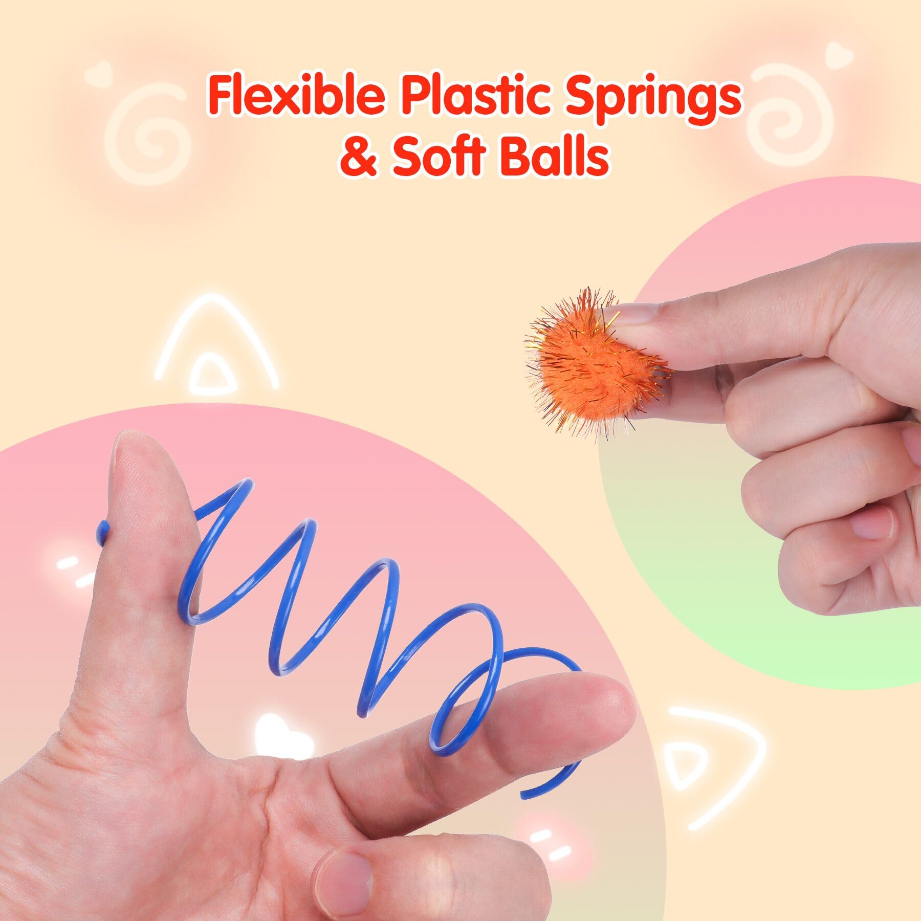 SEVENKA Cat Toys 30 Pcs Color Flash Balls and 36 Spring Toys, 1.1in Small Soft Cat Toy Ball Tinsel Pom Poms, Kitten Toys, Plastic Spiral Springs for Cat Swatting, Biting, Hunting, Active Healthy Play