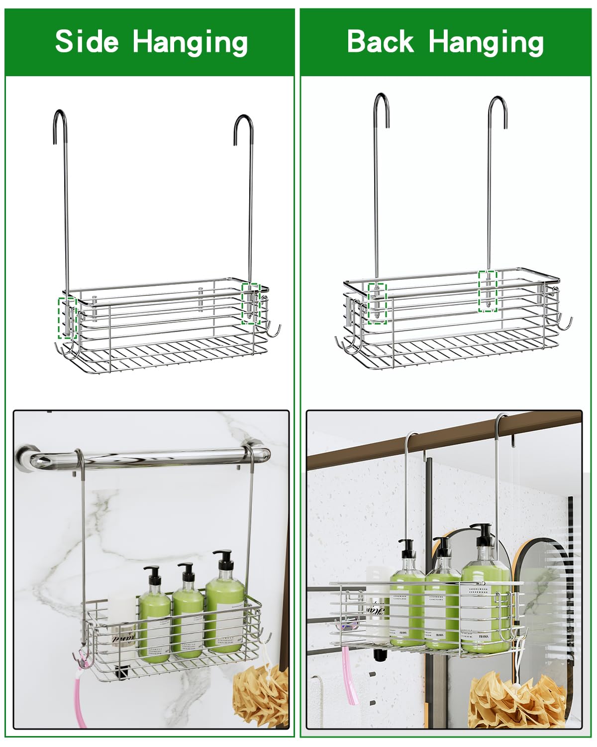 QIHS Shower Caddy Hanging Hanging Bathroom Door Organizer Shampoo Holder Shower Armpit Swivel Arm With 2 Storage Hooks, 304 Stainless Steel Rust Resistant