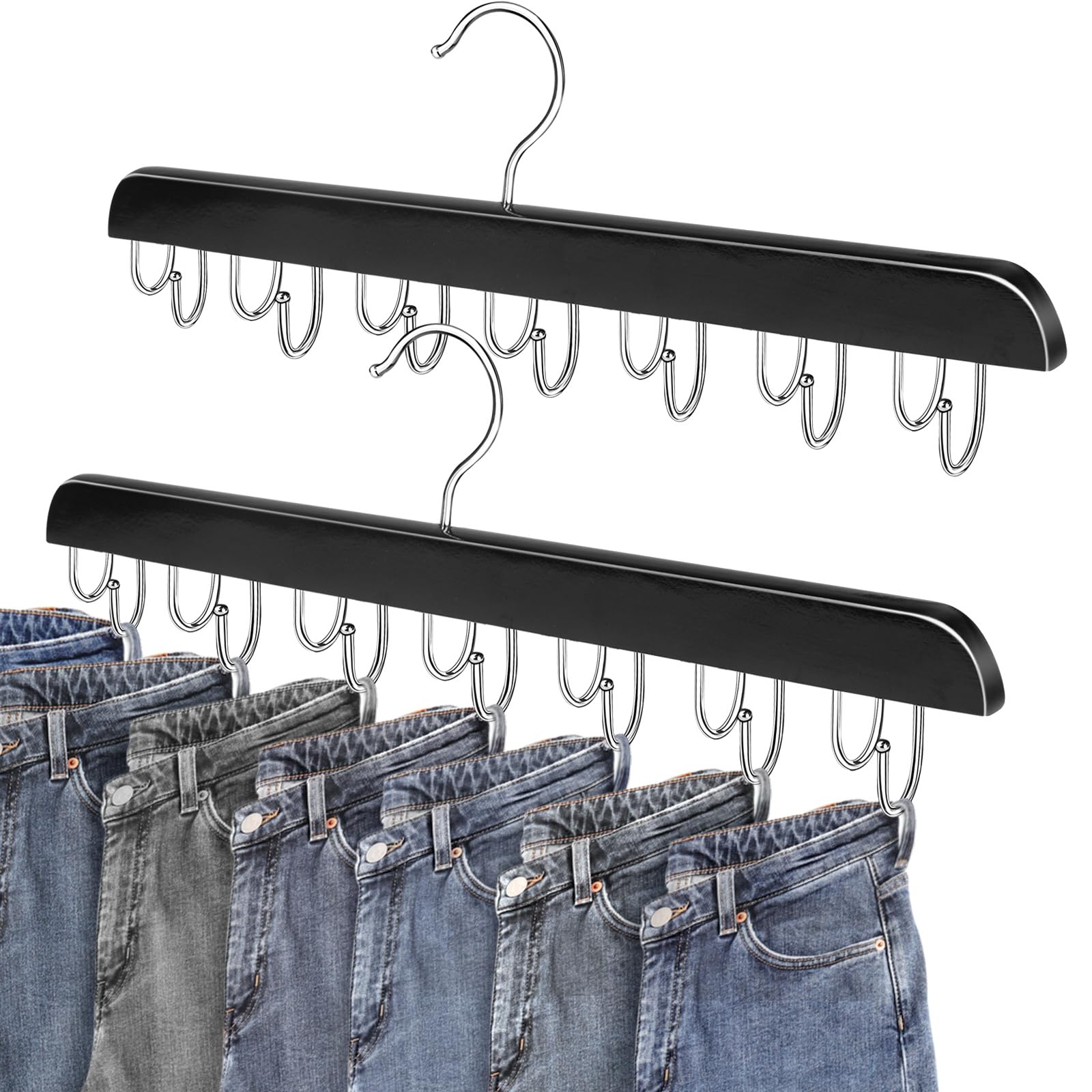 Jean Organizer for Closet, Jeans Hanger, 14 Hooks Wood Hanger for Jeans, Pants Hangers Space Saving-1 Pack