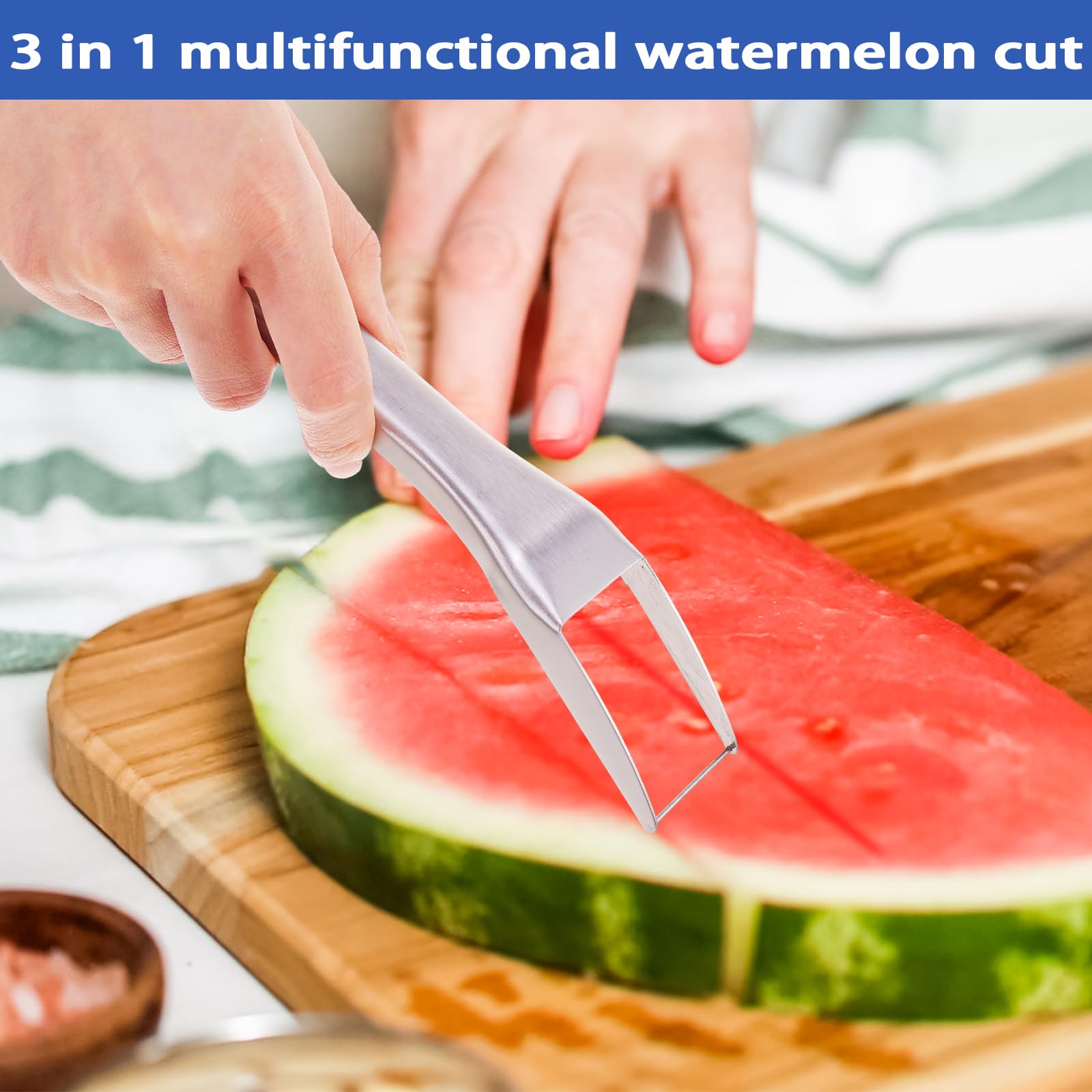 Tyqour 2pcs Stainless Steel Watermelon Fork Slicer 3-in-1double Head Portable Fruit Cutter Watermelon Cutter Tool, Fruit Fork Cut Watermelon for Family Parties Camping Kitchen Gadget