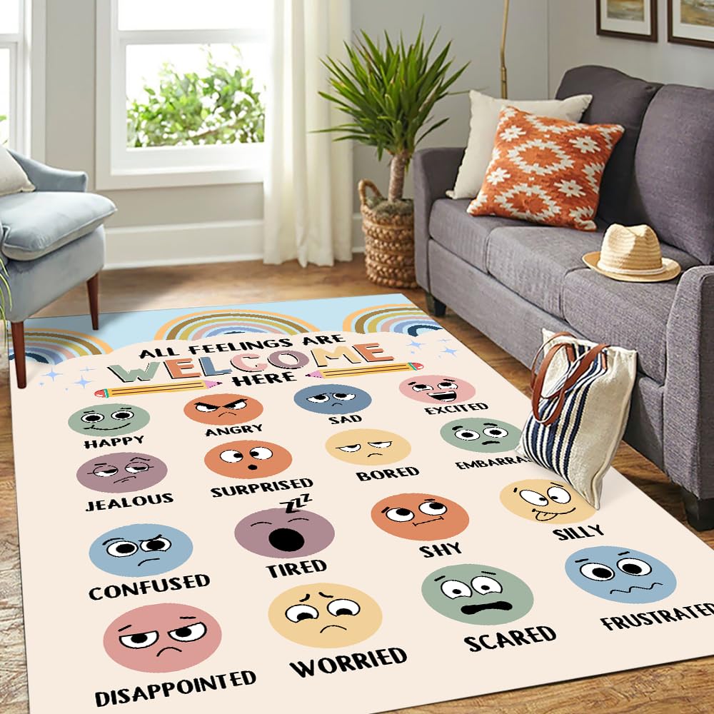 Feelings Chart Rug, Mental Health Rug, Classroom Rugs, Classroom Rugs Elementary, Classroom Furniture Elementary, Abc Floor Mat Anti-skid Rug for School & Learning Area, Student Colorful Rug (3x5ft)