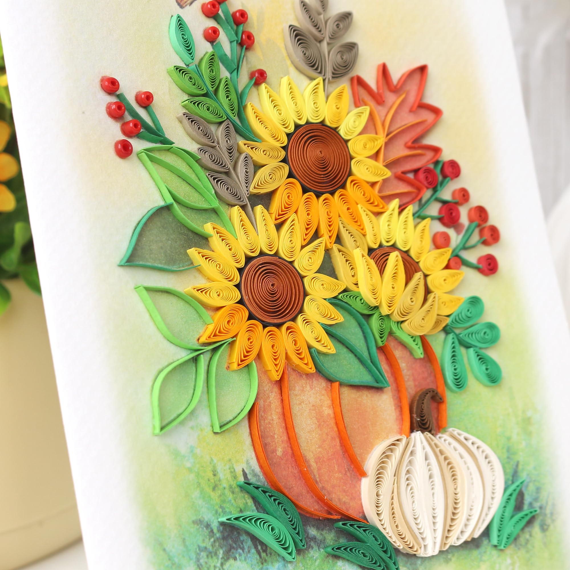 Thanksgiving Card - Sunflowers Vase Greeting Card, Quilling Fall Thank You Card, Seasons Greetings Card, Happy Thanksgiving Card for Husband, Wife, Parents, Friends, Granddaughter, Blank Inside