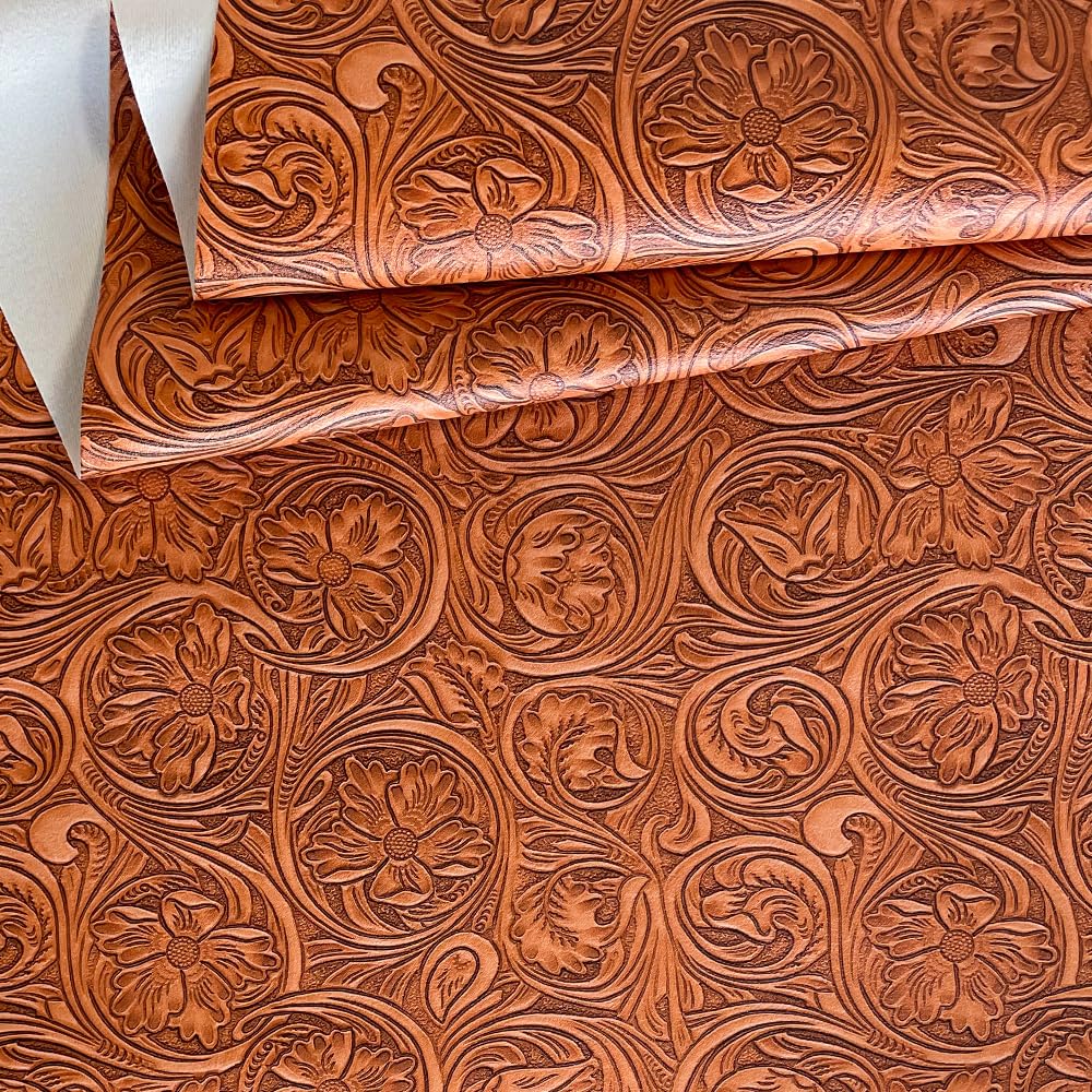 HYANG Orange Retro Floral Faux Leather Roll for Earrings Purses Making, 11.8" x 53" with Textured Synthetic Fabric Sheets for DIY Bows Wallet Sewing Crafts