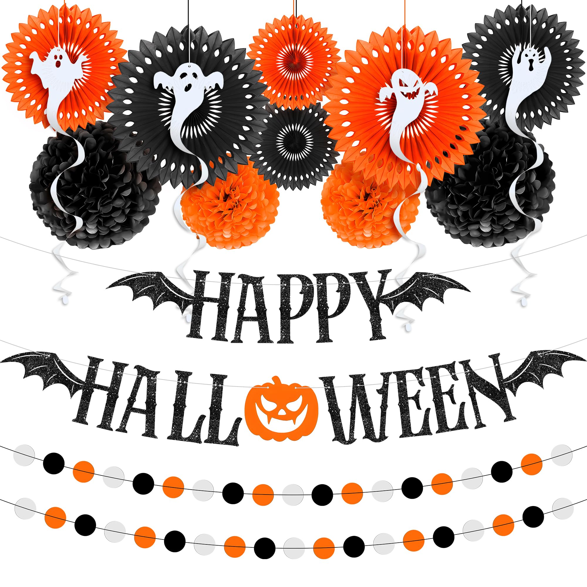 KatchOn, Halloween Party Decoration Set - Pack of 17 | Halloween Pompom, Happy Halloween Garlands | Halloween Party Hanging Decorations | Halloween Hanging Swirls for Halloween Ceiling Decorations