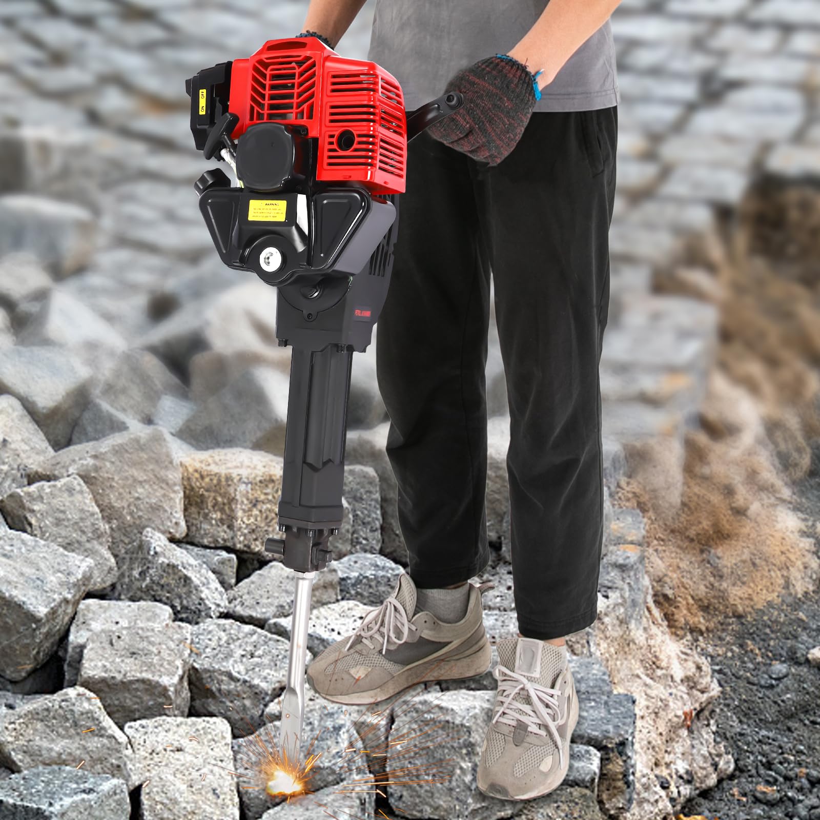 Gasoline Demolition Jack Hammer, 52cc 2in1 Gasoline Concrete Breaker Drill 2 Stroke Gas Powered Demolition Jack Hammer Concrete Breaker Punch Drill Jack Hammer with 2 Chisels for Heavy Concrete