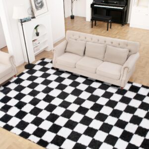 Super Soft Rug for Bedroom, 5x7 Ft Black and White Area Rug Classic Checkered Shaggy Rug Anti-Skid High Pile Soft Fluffy Rug Fuzzy Carpet for Living Room Bedroom Kids Room Nursery, Dorm Home Decor