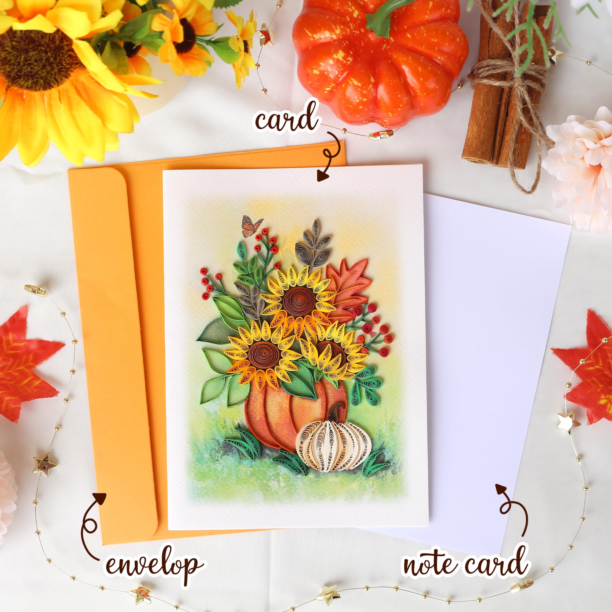 Thanksgiving Card - Sunflowers Vase Greeting Card, Quilling Fall Thank You Card, Seasons Greetings Card, Happy Thanksgiving Card for Husband, Wife, Parents, Friends, Granddaughter, Blank Inside