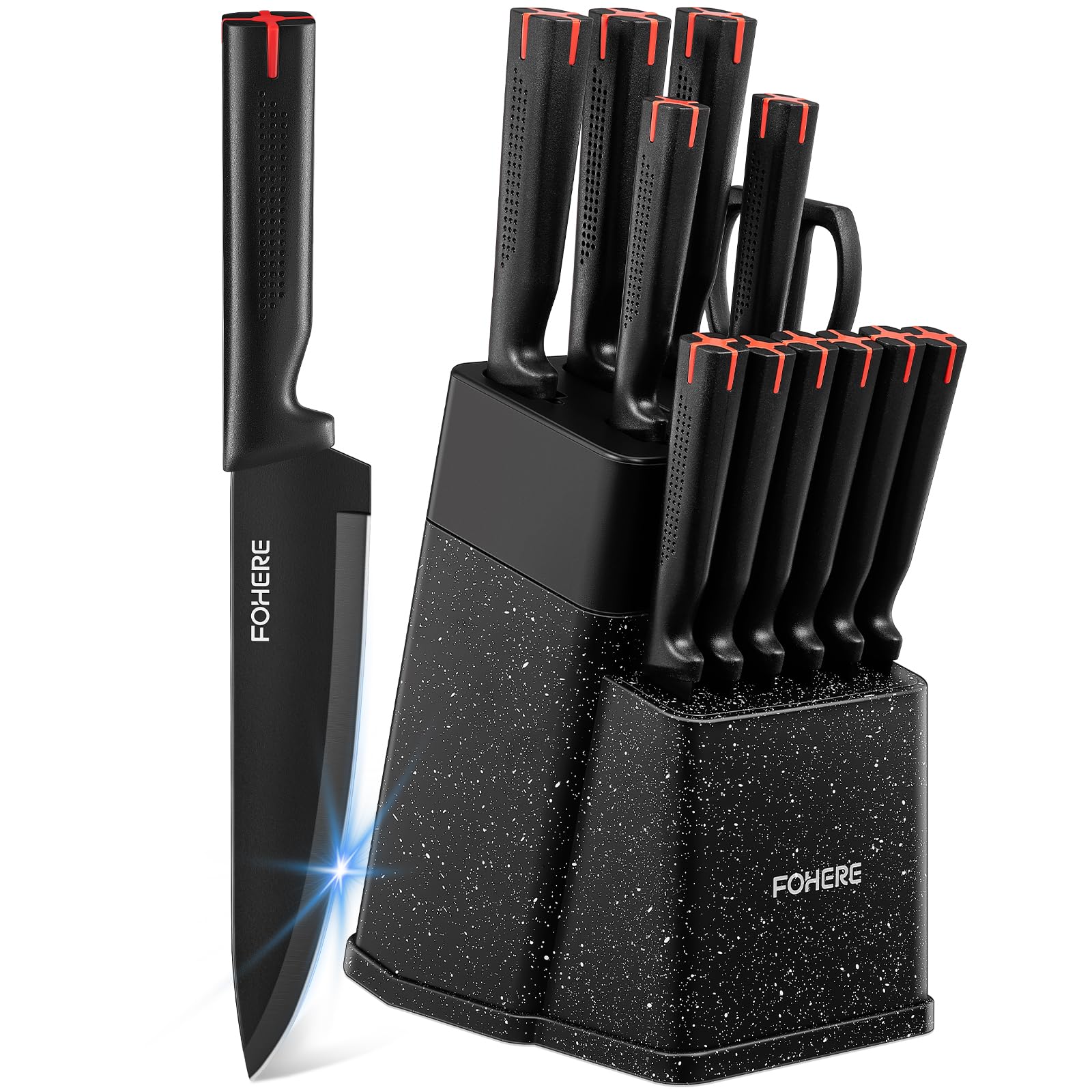 FOHERE Knife Set with Block 13 Pieces Stainless Steel Knife Sets for Kitchen with Built-in Sharpener Sharp Kitchen Knife Block Set with Granite Pattern, Anti-slip Handle Rust Resistant, Black