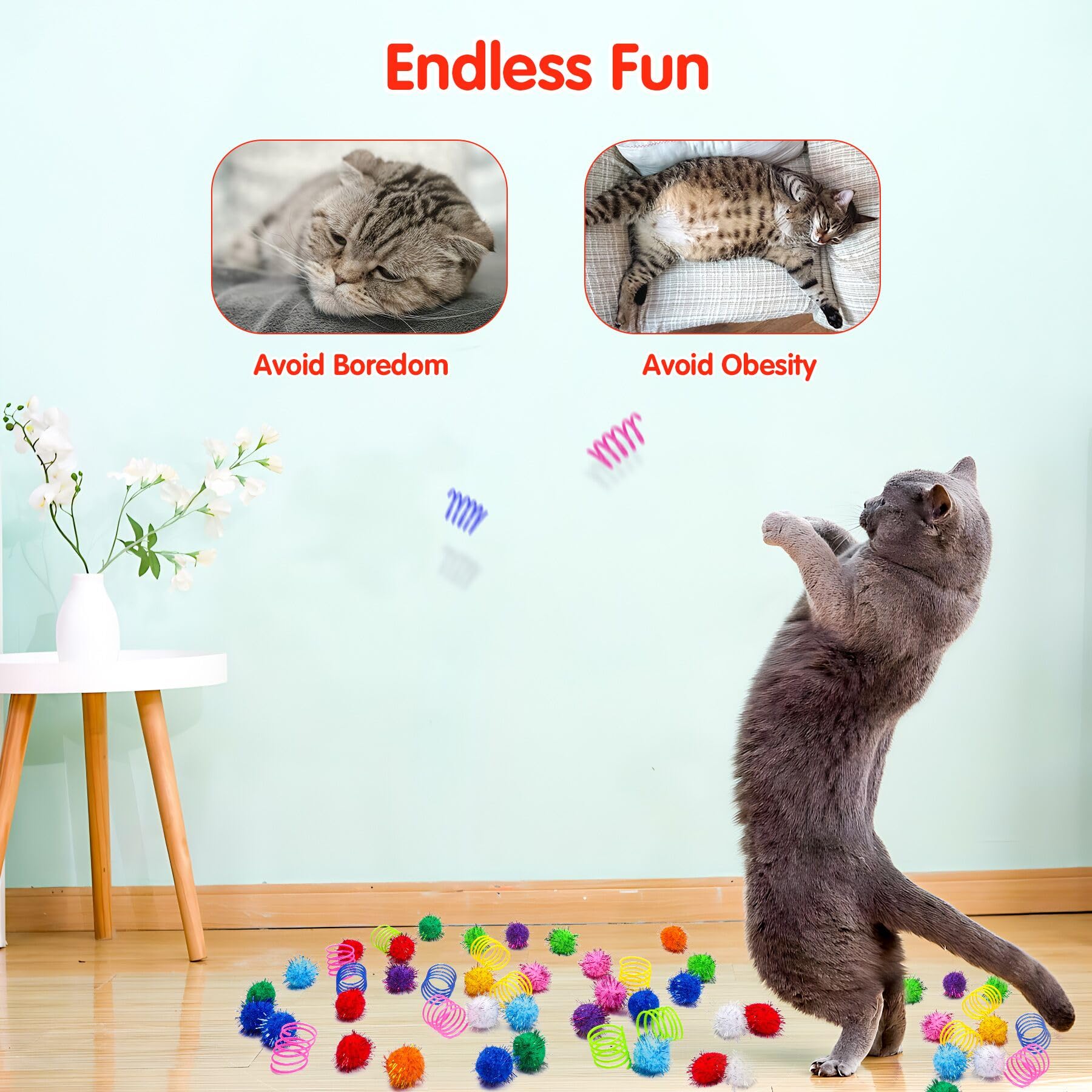 SEVENKA Cat Toys 30 Pcs Color Flash Balls and 36 Spring Toys, 1.1in Small Soft Cat Toy Ball Tinsel Pom Poms, Kitten Toys, Plastic Spiral Springs for Cat Swatting, Biting, Hunting, Active Healthy Play