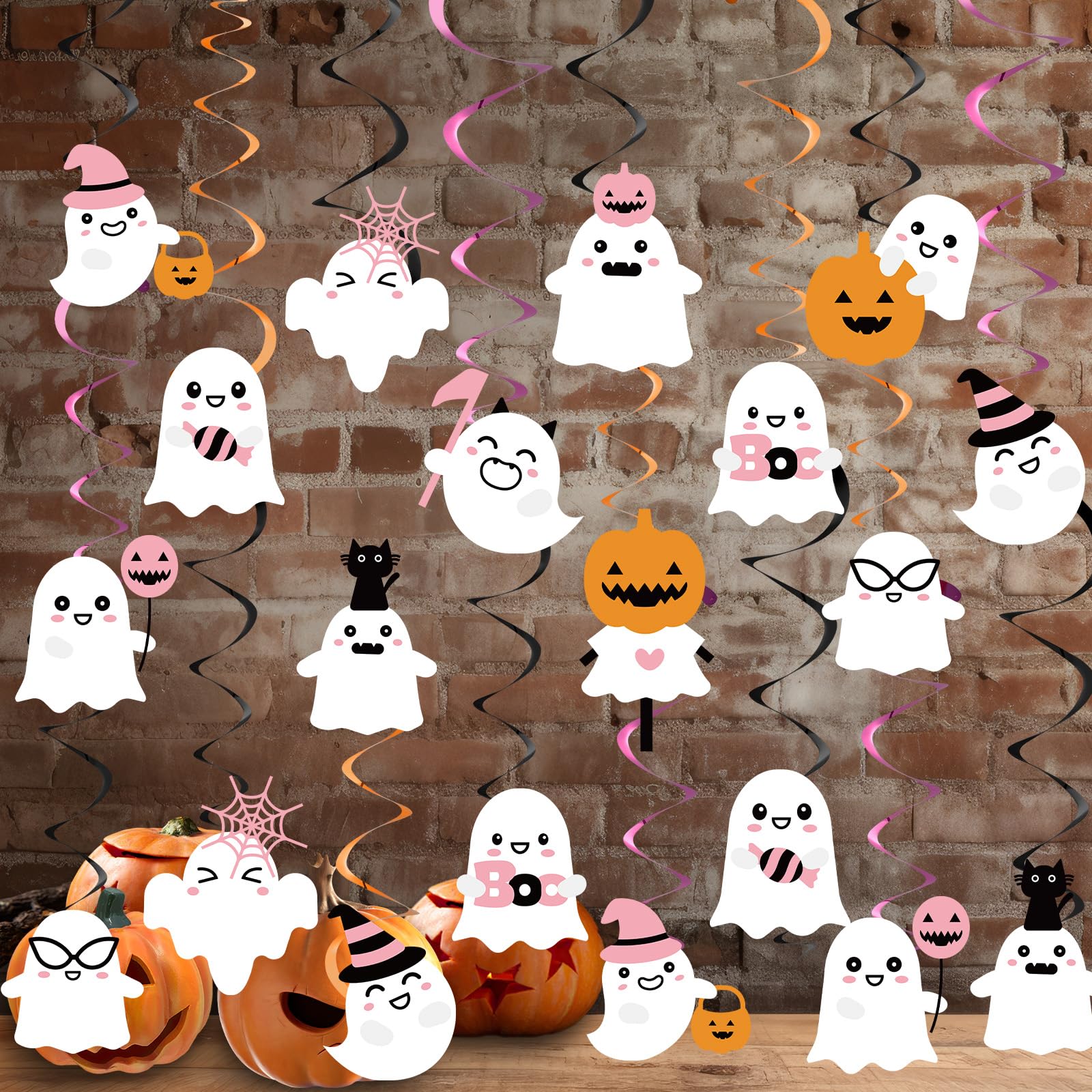 Whaline 48Pcs Halloween Hanging Swirl Pink Pumpkin Ghost Boo Hanging Streamers Decoration Ceiling Spiral with Cutout Cardboard Ornament for Baby Shower Birthday Trick or Treat Party Supplies