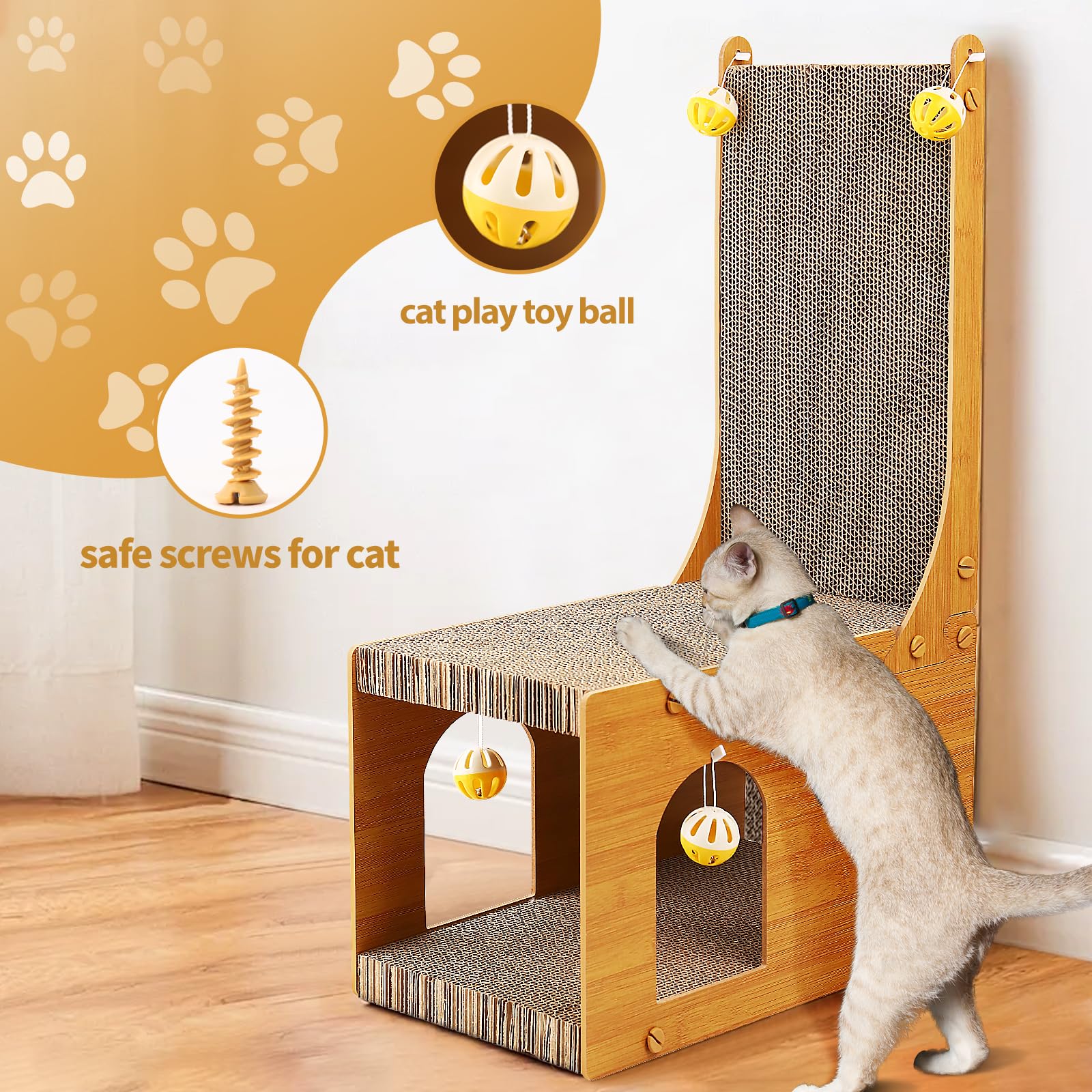 YEMOO ​Cat Scratcher, Cat Scratching Board, L Shaped Vertical Cat Scratcher for Wall and Couch Protection, Cat Scratching Board with 4 Cat Ball Toys for Indoor Cats