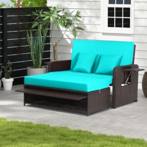 relax4life wicker patio outdoor daybed - rattan day bed lounger with loveseat & storage ottoman, sunbed sofa set w/cushions, 4-level adjustable backrest & 2 retractable trays, patio daybed (turquoise)