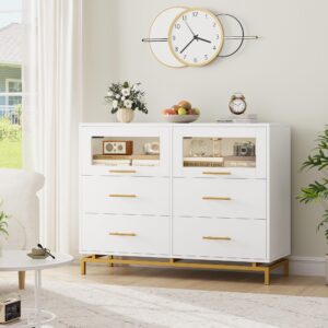 hithos white dresser, 6 drawer double tall dresser for bedroom with fluted glass door, wide wood chest of drawers, modern gold storage dresser with sturdy metal base for living room, entrway, hallway