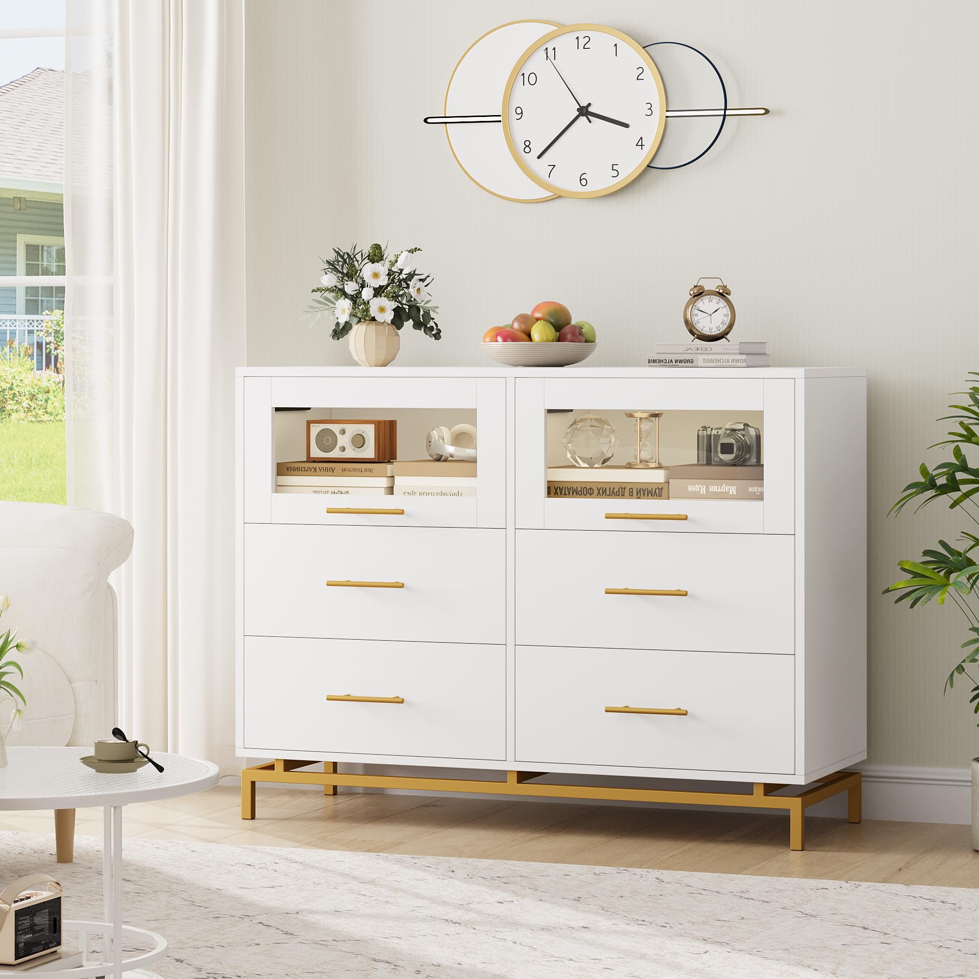 HITHOS White Dresser, 6 Drawer Double Tall Dresser for Bedroom with Fluted Glass Door, Wide Wood Chest of Drawers, Modern Gold Storage Dresser with Sturdy Metal Base for Living Room, Entrway, Hallway