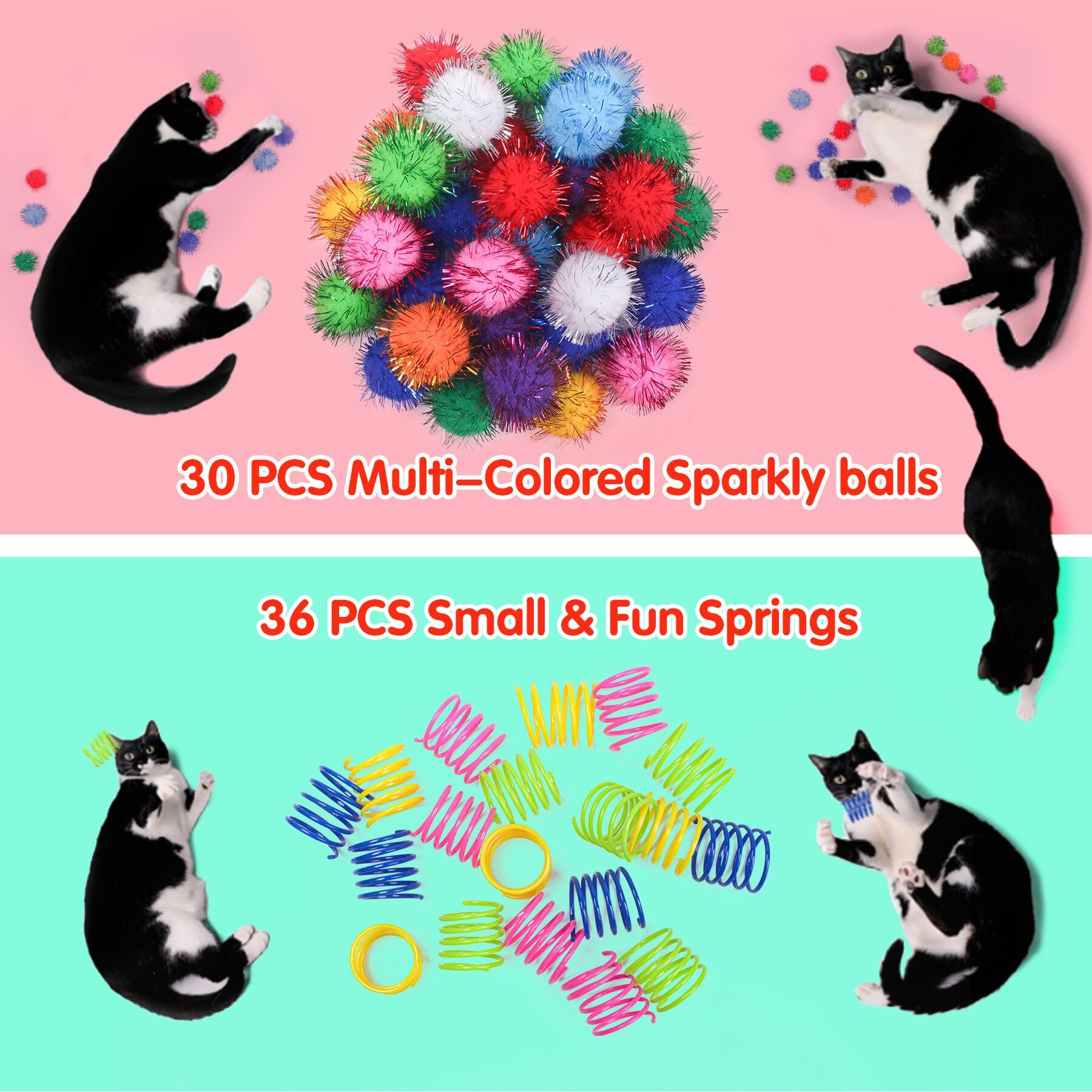 SEVENKA Cat Toys 30 Pcs Color Flash Balls and 36 Spring Toys, 1.1in Small Soft Cat Toy Ball Tinsel Pom Poms, Kitten Toys, Plastic Spiral Springs for Cat Swatting, Biting, Hunting, Active Healthy Play