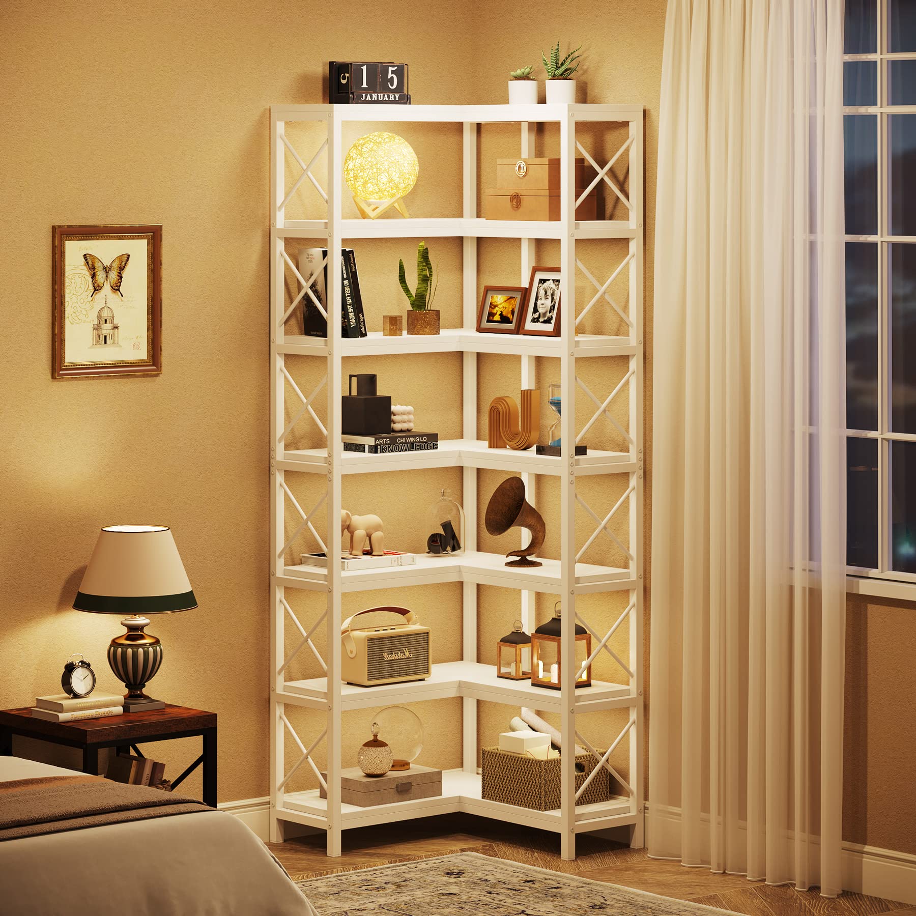 LITTLE TREE 7 Shelf Corner Bookcase, Industrial Large Corner Bookshelf, 7-Tier Tall Corner Shelf Storage Display Rack with Metal Frame for Living Room Home Office, White