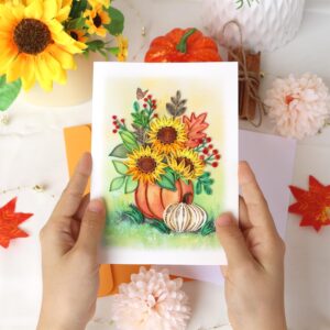 Thanksgiving Card - Sunflowers Vase Greeting Card, Quilling Fall Thank You Card, Seasons Greetings Card, Happy Thanksgiving Card for Husband, Wife, Parents, Friends, Granddaughter, Blank Inside