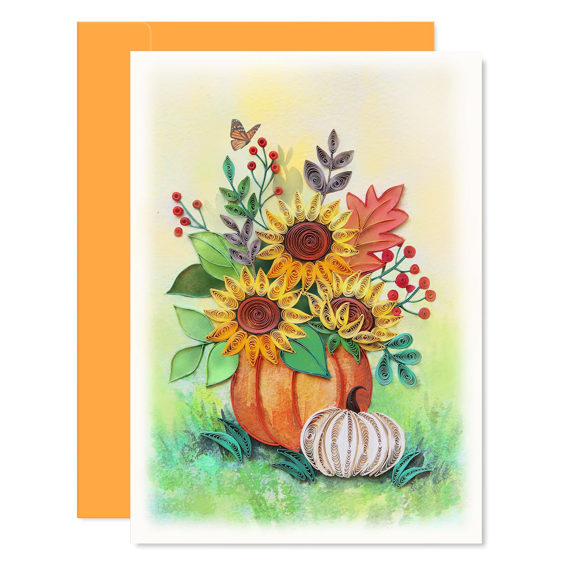 Thanksgiving Card - Sunflowers Vase Greeting Card, Quilling Fall Thank You Card, Seasons Greetings Card, Happy Thanksgiving Card for Husband, Wife, Parents, Friends, Granddaughter, Blank Inside