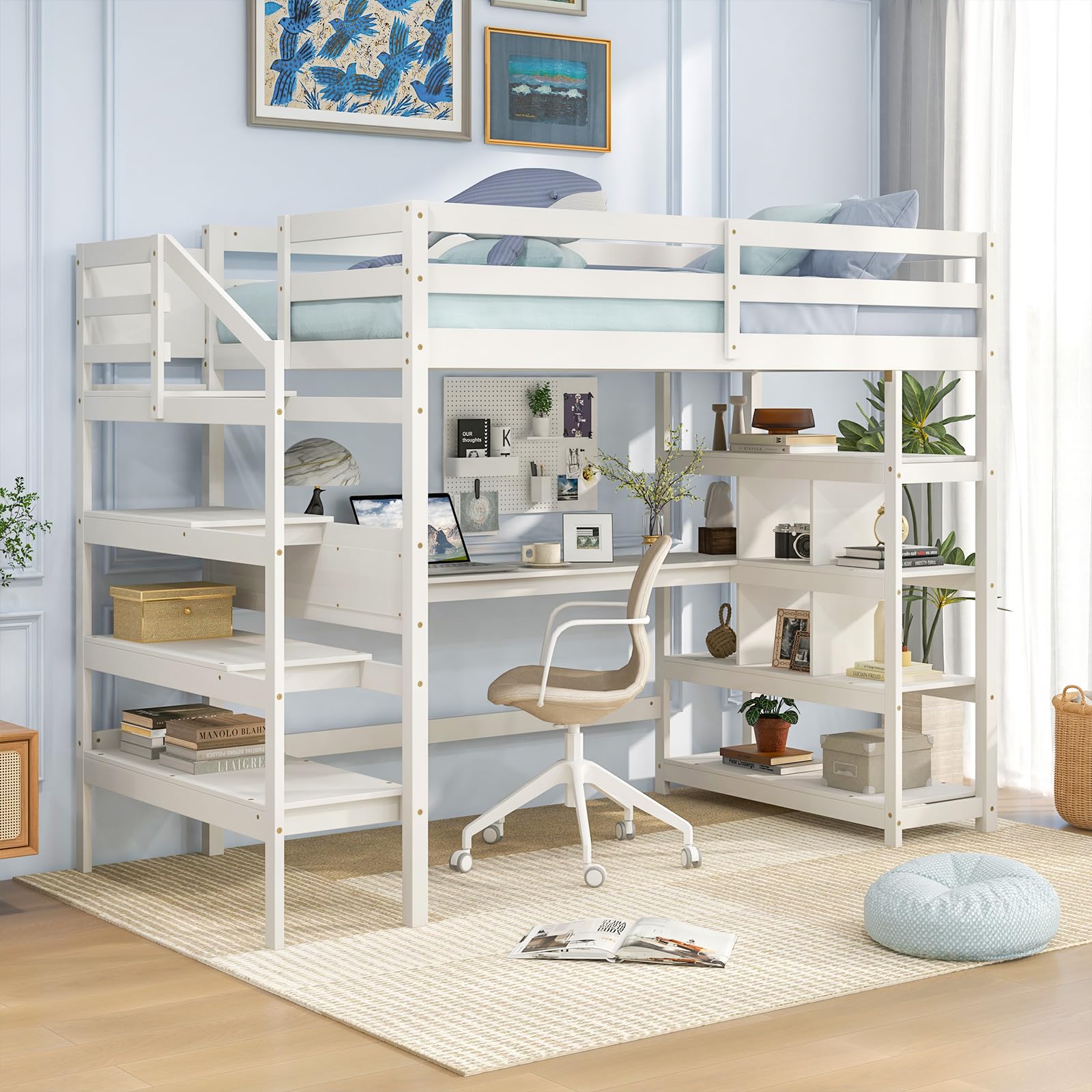 Giantex Twin Loft Bed with Desk and Stairs, Solid Wood High Loft Bed with 4-Tier Storage Shelves, Loft Bed Twin Size for Adults, Teens, Kids, Boys & Girls, No Box Spring Needed, White