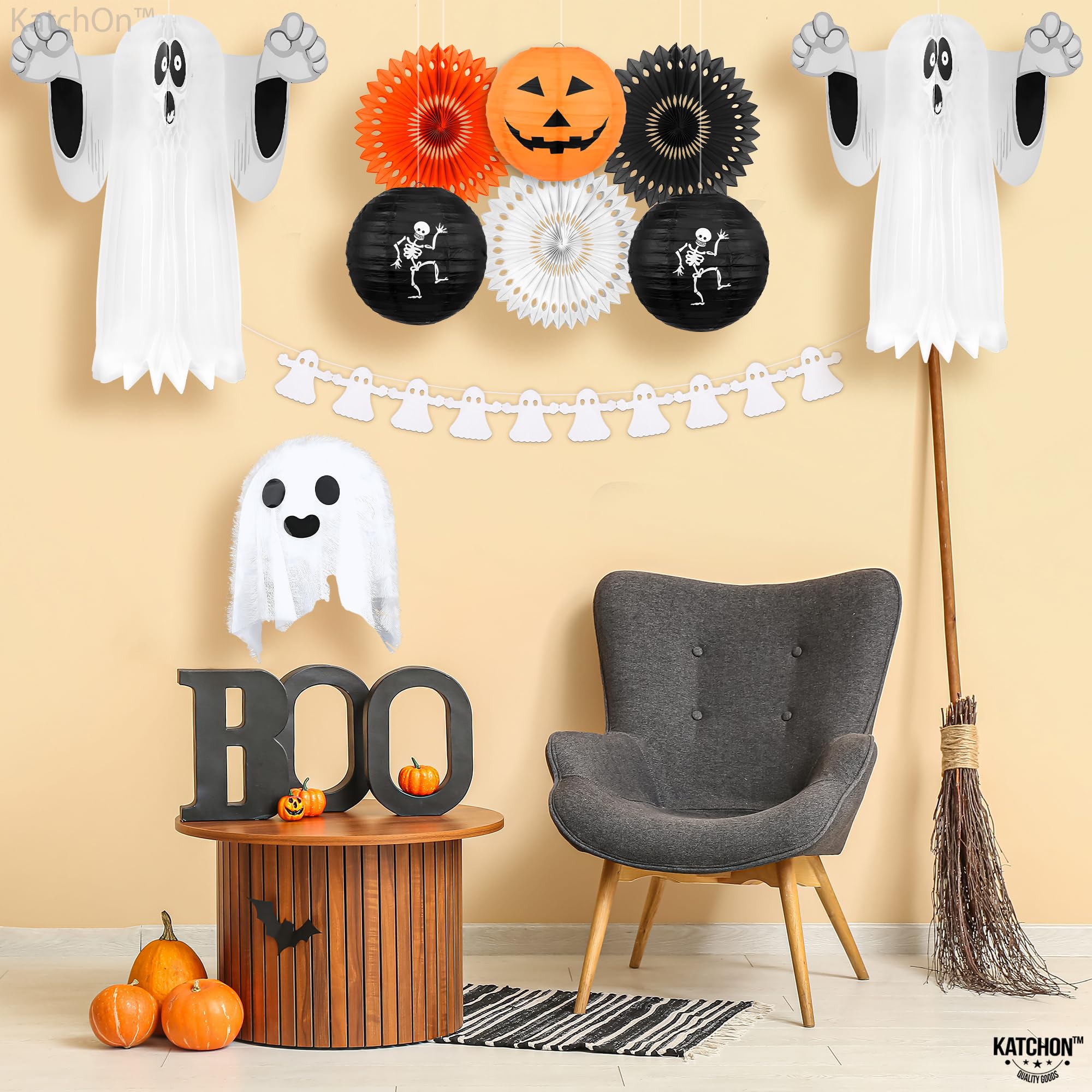 KatchOn, Hanging Ghosts Halloween Decor - Pack of 10 | Halloween Ghost Garland, Hanging Halloween Decorations | Halloween Paper Lanterns, Halloween Party Decorations | Halloween Hanging Decorations